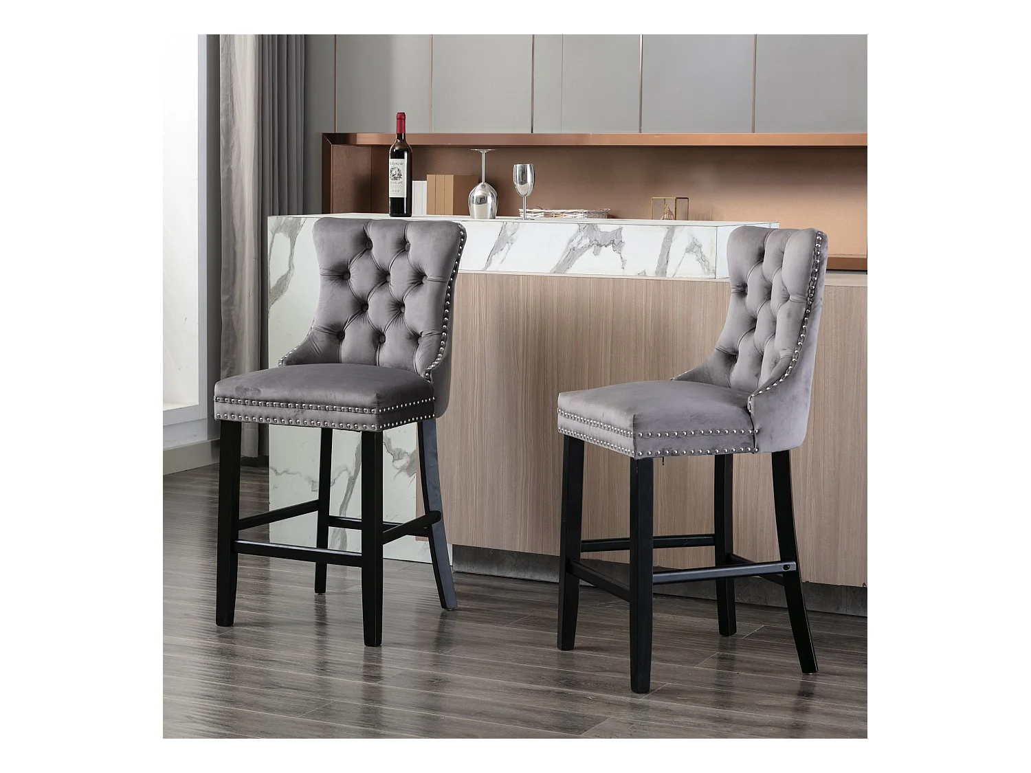 Lot de 2 tabourets de bar - Tabourets de bar avec dossier rembourré et capitonnage à boutons - velours gris