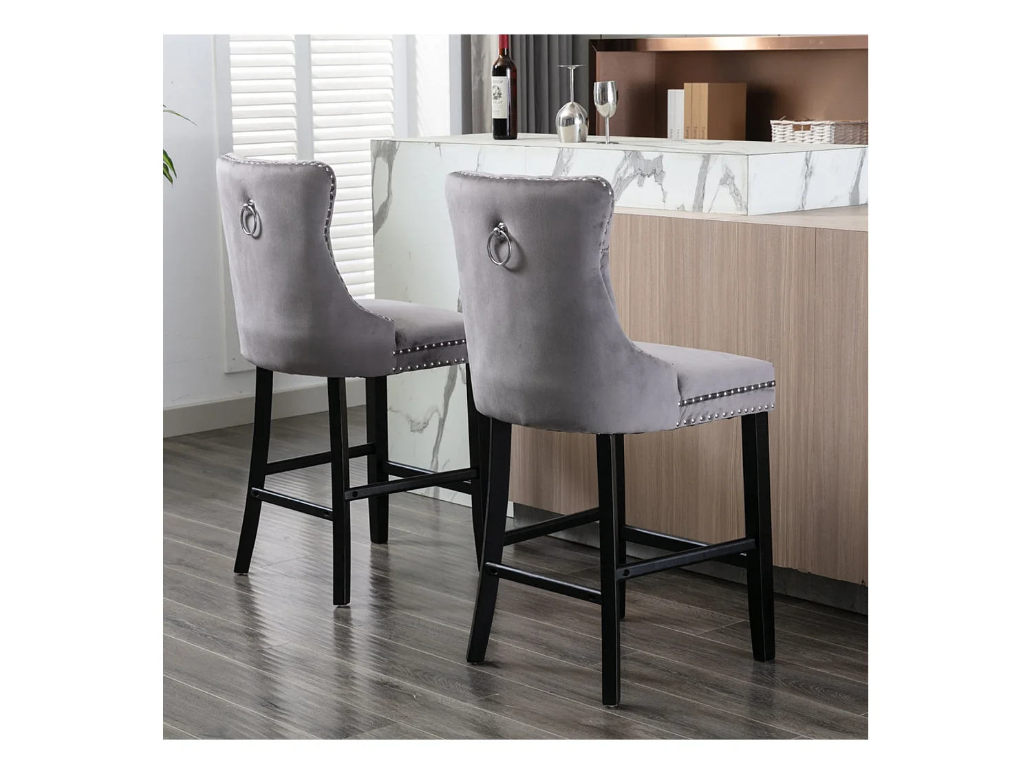 Lot de 2 tabourets de bar - Tabourets de bar avec dossier rembourré et capitonnage à boutons - velours gris