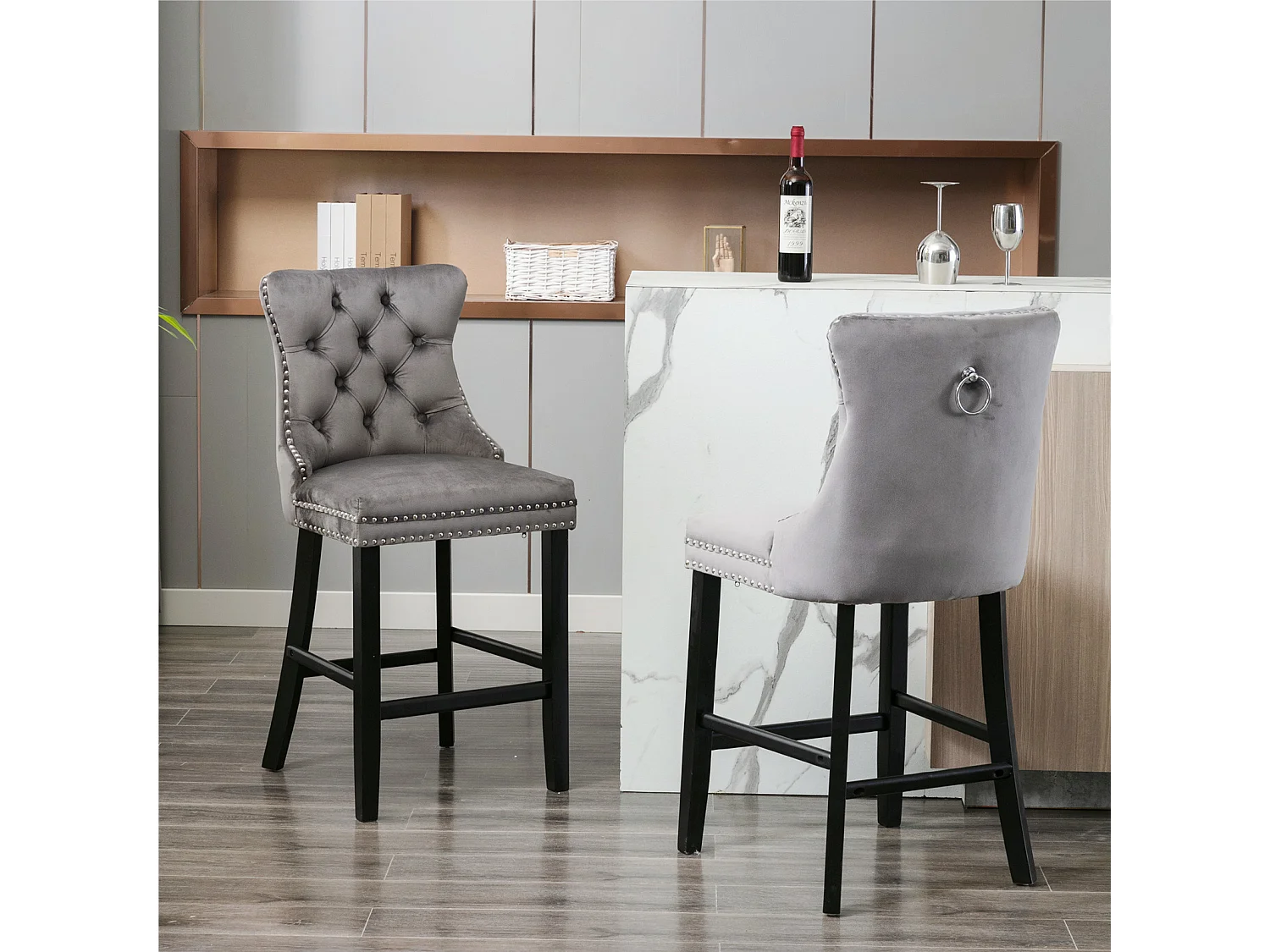 Lot de 2 tabourets de bar - Tabourets de bar avec dossier rembourré et capitonnage à boutons - velours gris