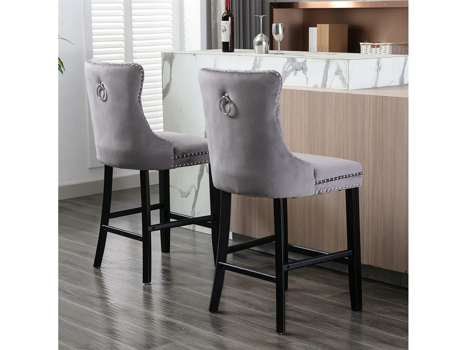 Lot de 2 tabourets de bar - Tabourets de bar avec dossier rembourré et capitonnage à boutons - velours gris