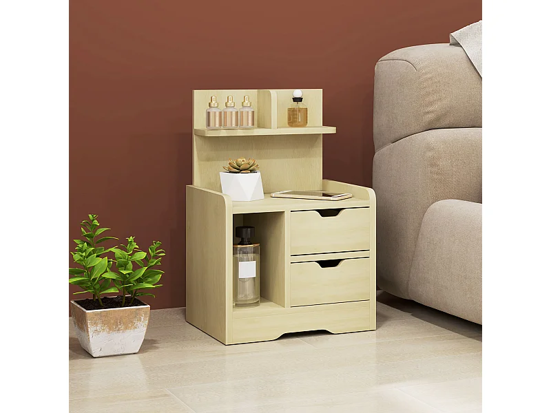 Mesita de noche de 2 cajones - Mesita de noche con estantes abiertos - madera - para dormitorio y sala de estar