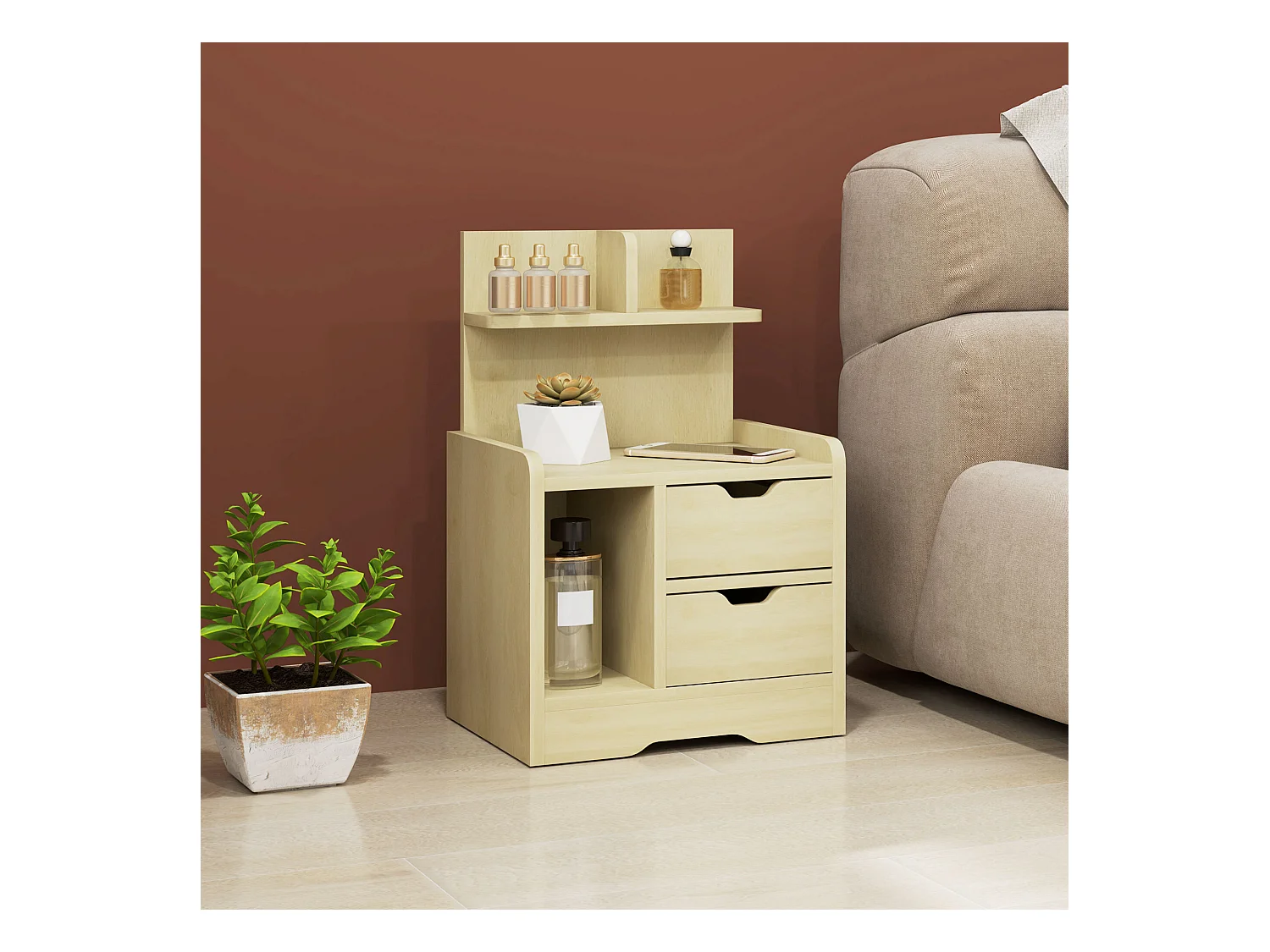 Table de chevet à 2 tiroirs - Table de chevet à étagères ouvertes - bois - pour chambre et salon