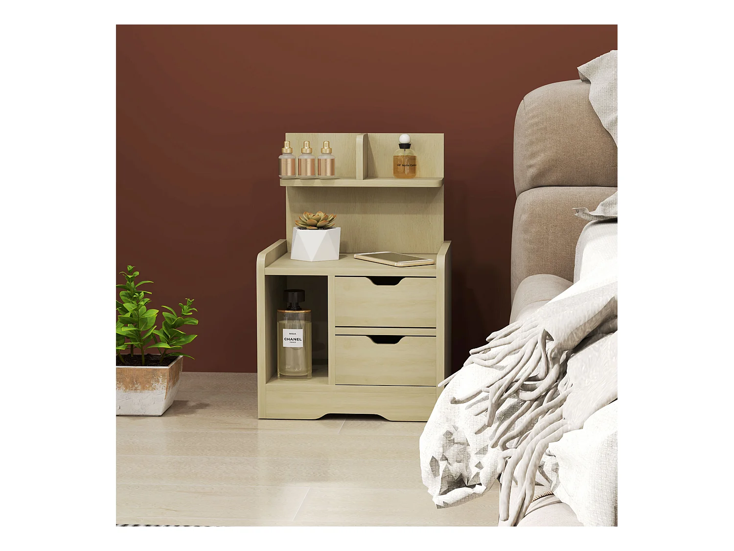 Table de chevet à 2 tiroirs - Table de chevet à étagères ouvertes - bois - pour chambre et salon