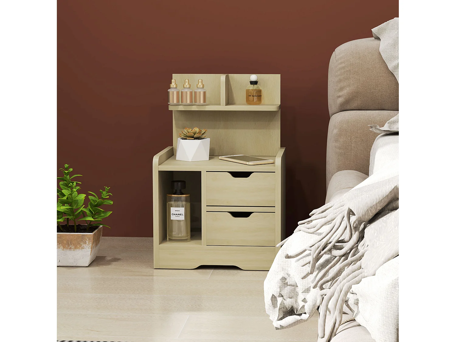 Table de chevet à 2 tiroirs - Table de chevet à étagères ouvertes - bois - pour chambre et salon