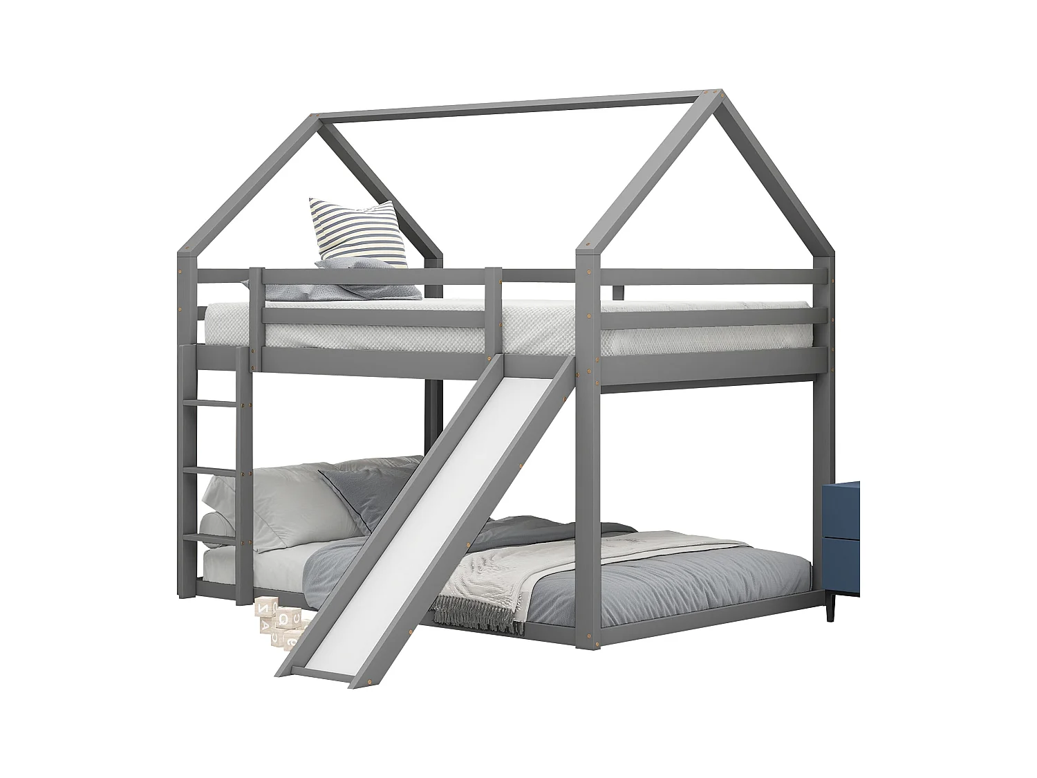 Lit superposé 140 x 200 cm - Lit double avec toboggan et échelle - bois gris - sans matelas
