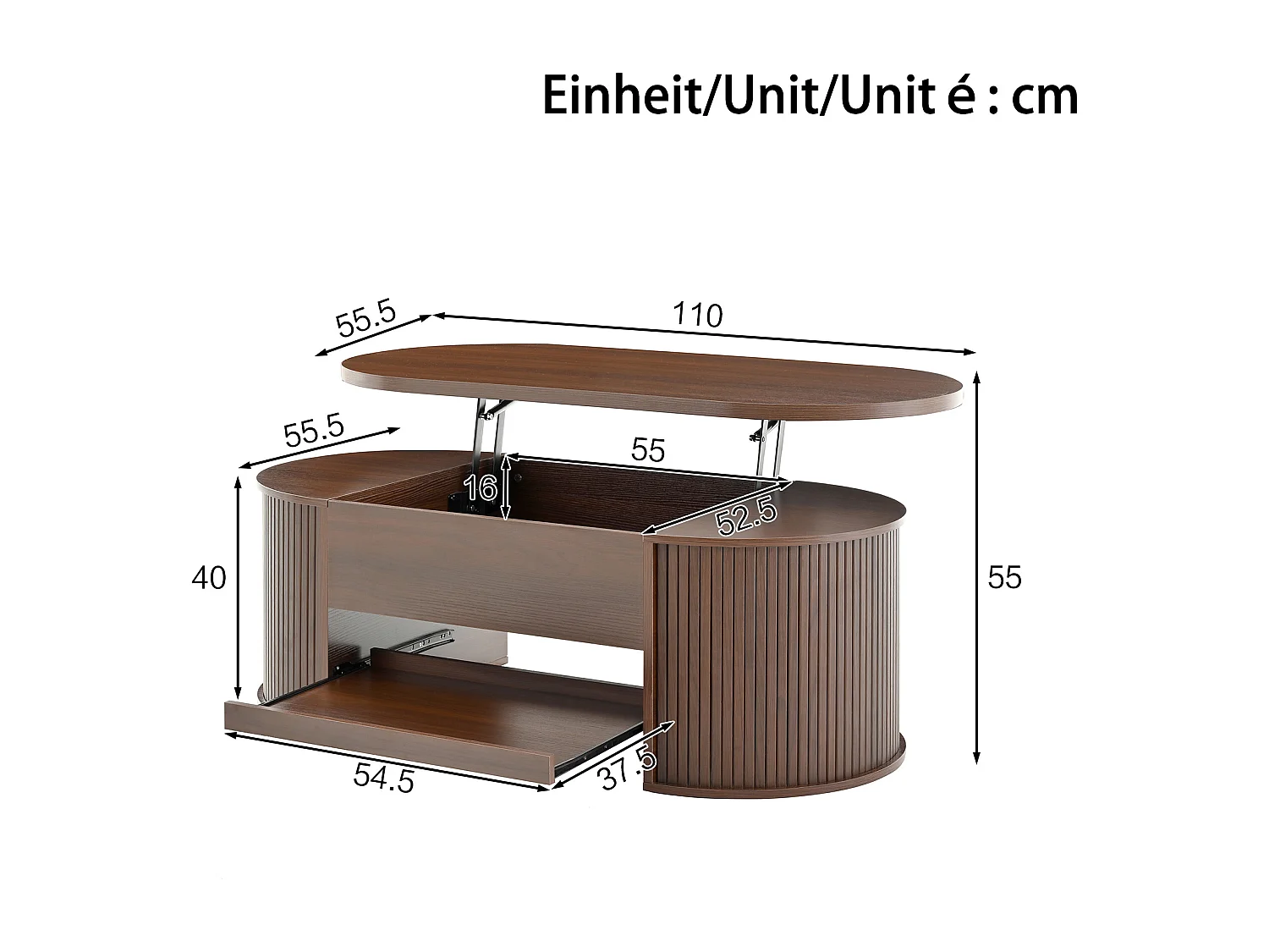 Hochklappbarer Couchtisch - Couchtisch mit ausziehbaren Regalen und hochklappbarer Platte - dunkles Holz - für das Wohnzimmer