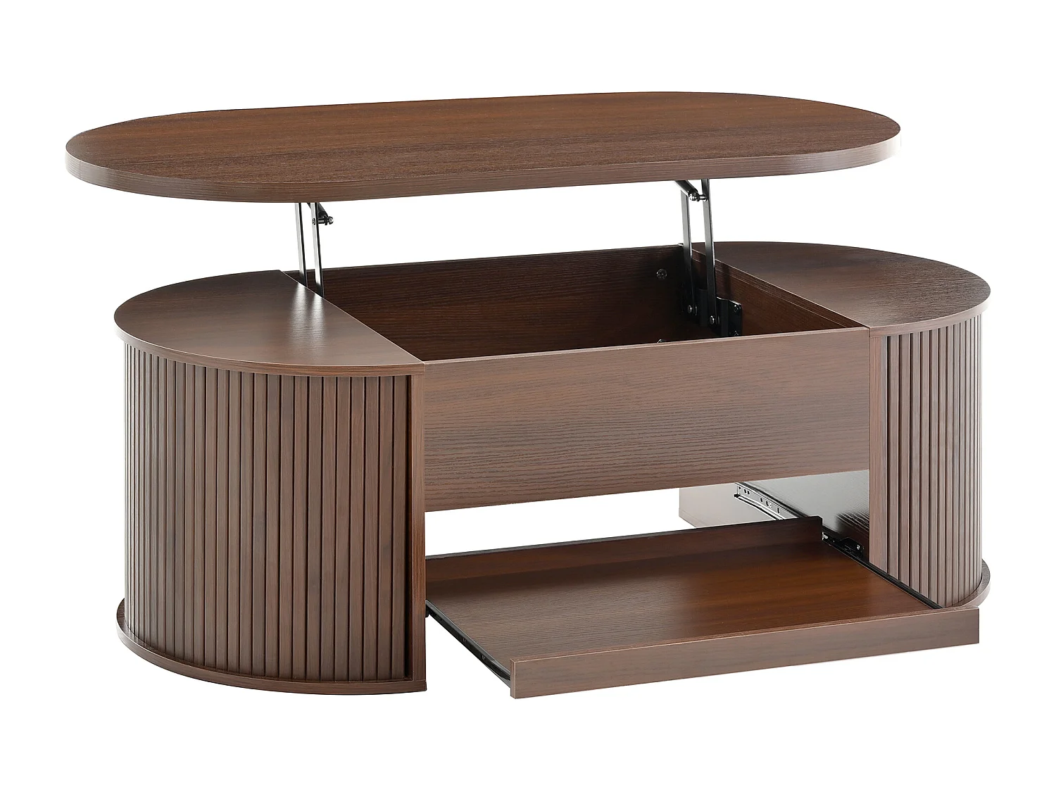 Hochklappbarer Couchtisch - Couchtisch mit ausziehbaren Regalen und hochklappbarer Platte - dunkles Holz - für das Wohnzimmer