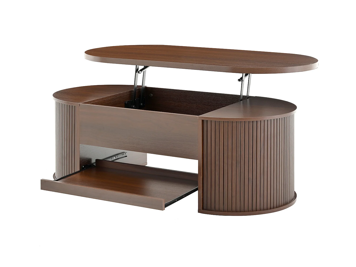 Hochklappbarer Couchtisch - Couchtisch mit ausziehbaren Regalen und hochklappbarer Platte - dunkles Holz - für das Wohnzimmer