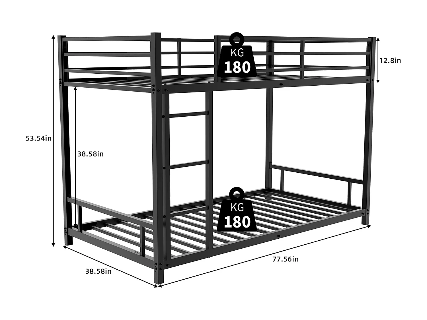 Beliche 90 x 190 cm - Cama de criança com escada e grades de segurança - metal preto - sem colchão