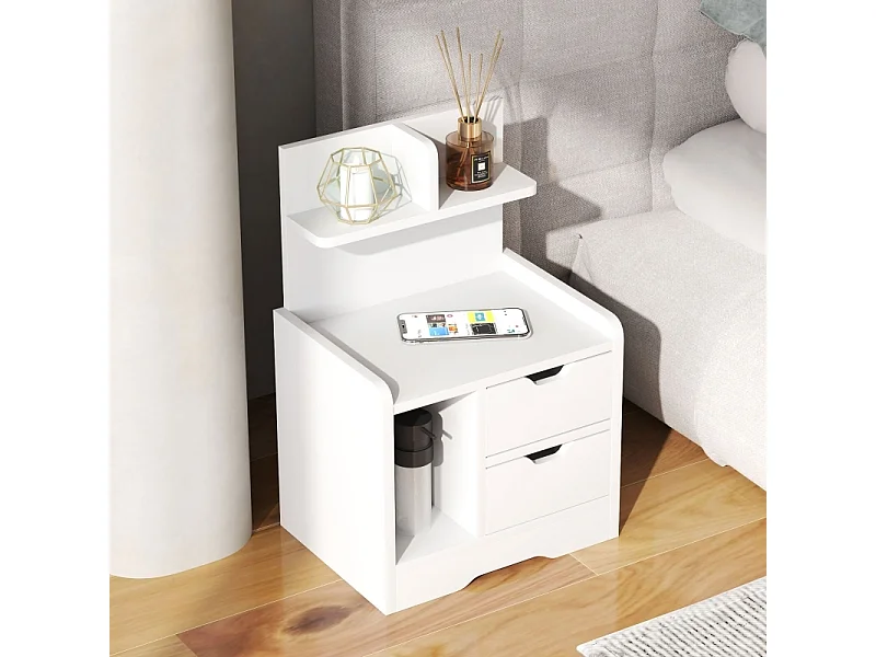 Table de chevet à 2 tiroirs - Table de chevet avec étagère ouverte - bois blanc - pour chambre