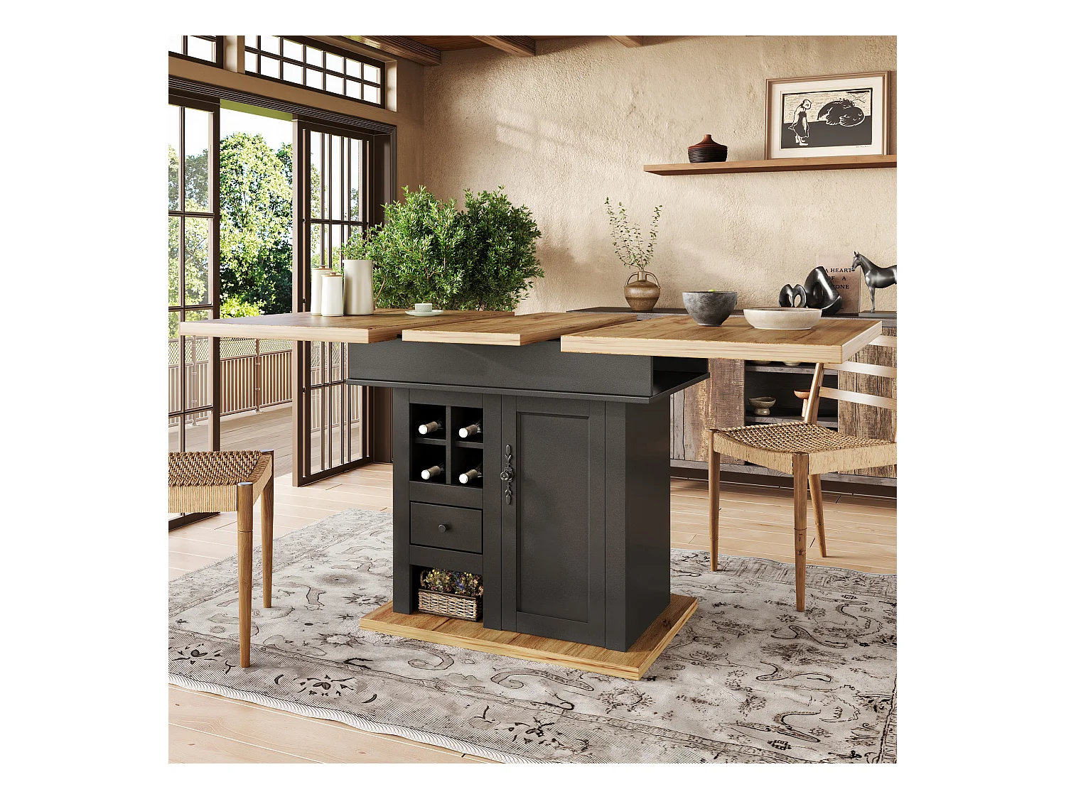 Table à manger extensible avec une porte - Table à manger pliable avec un tiroir et quatre casiers à vin - noire - pour la cuisine et le salon