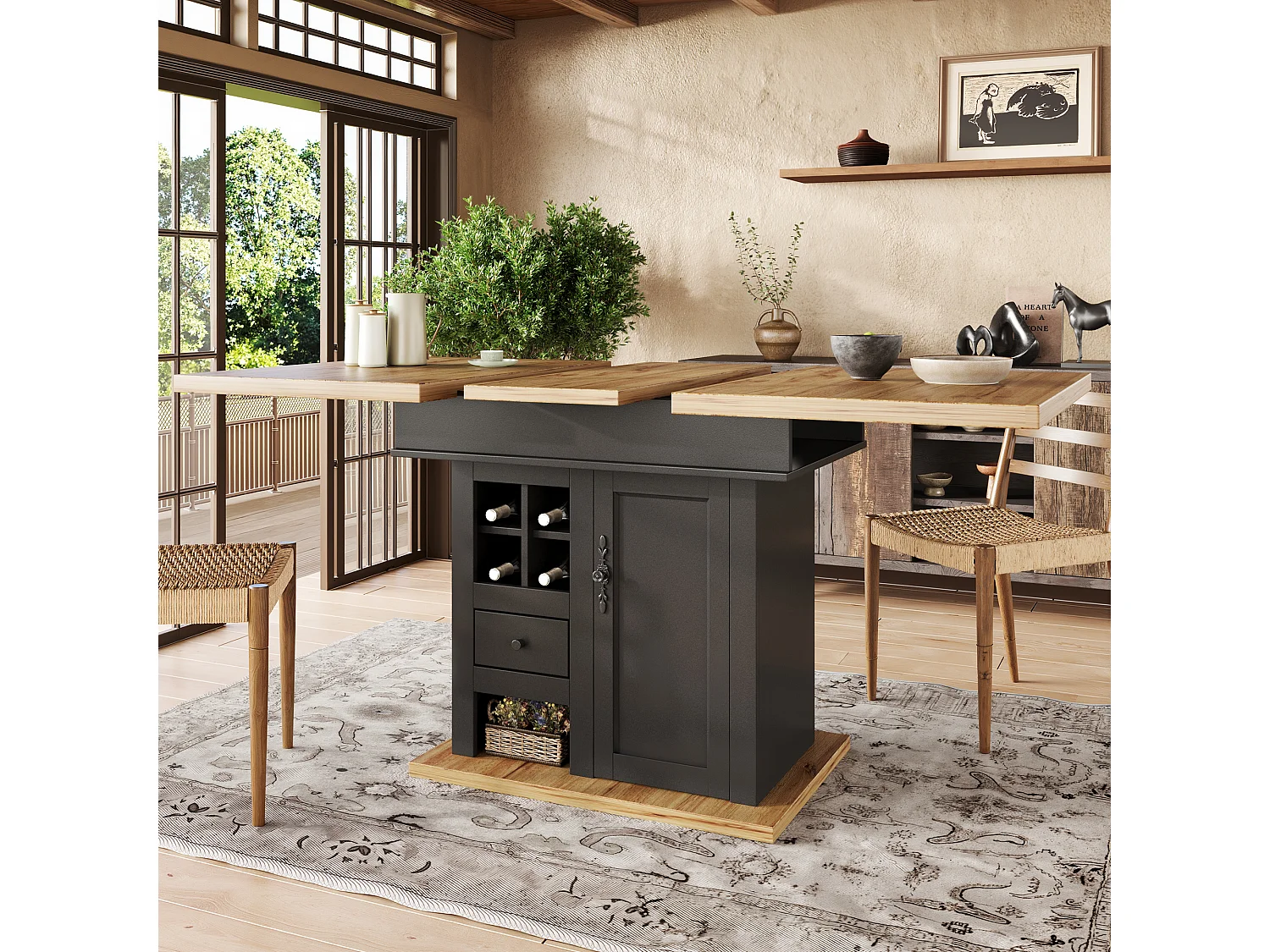 Table à manger extensible avec une porte - Table à manger pliable avec un tiroir et quatre casiers à vin - noire - pour la cuisine et le salon