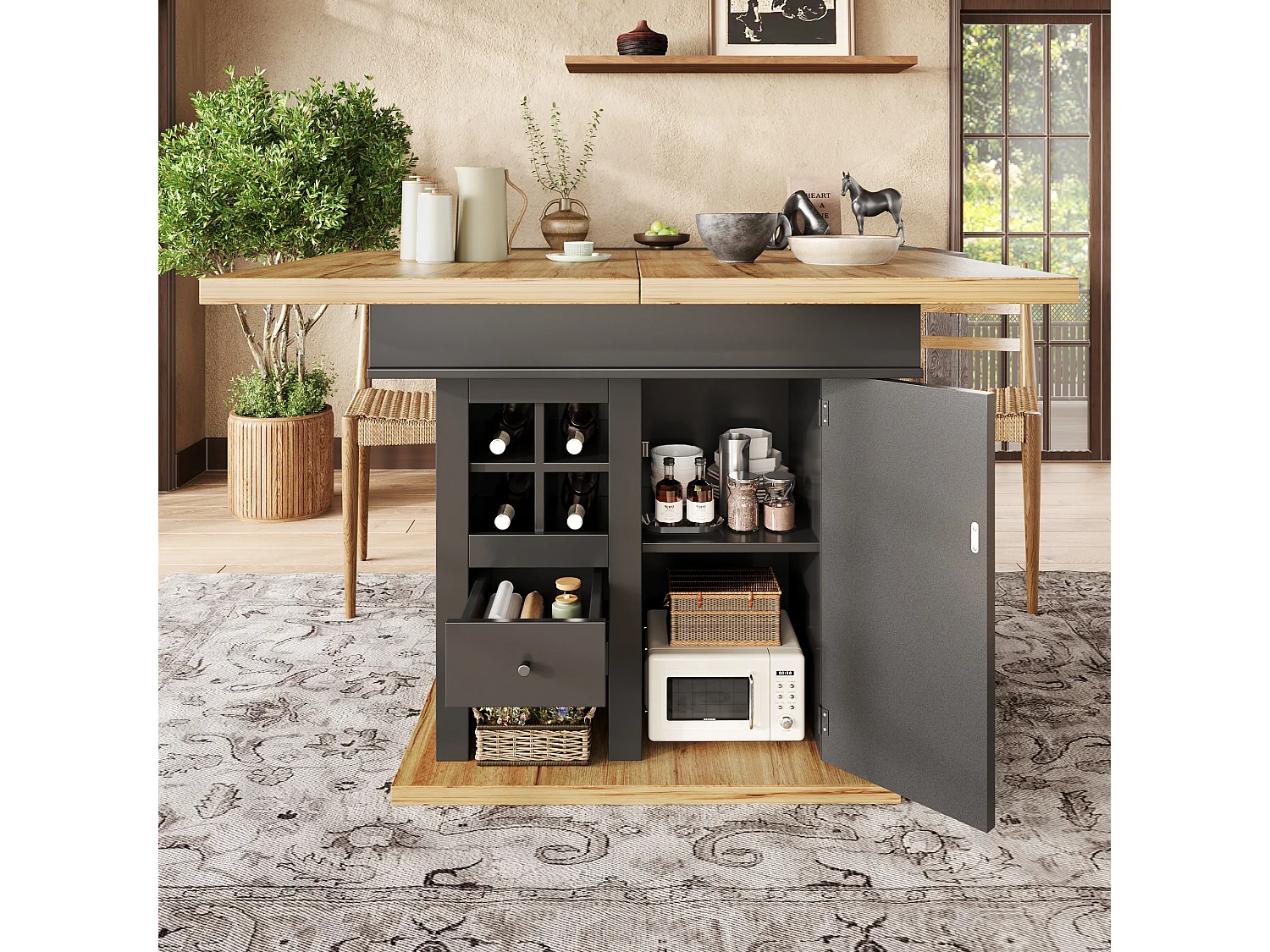 Table à manger extensible avec une porte - Table à manger pliable avec un tiroir et quatre casiers à vin - noire - pour la cuisine et le salon