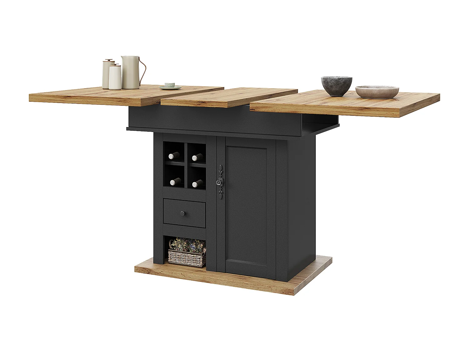 Table à manger extensible avec une porte - Table à manger pliable avec un tiroir et quatre casiers à vin - noire - pour la cuisine et le salon