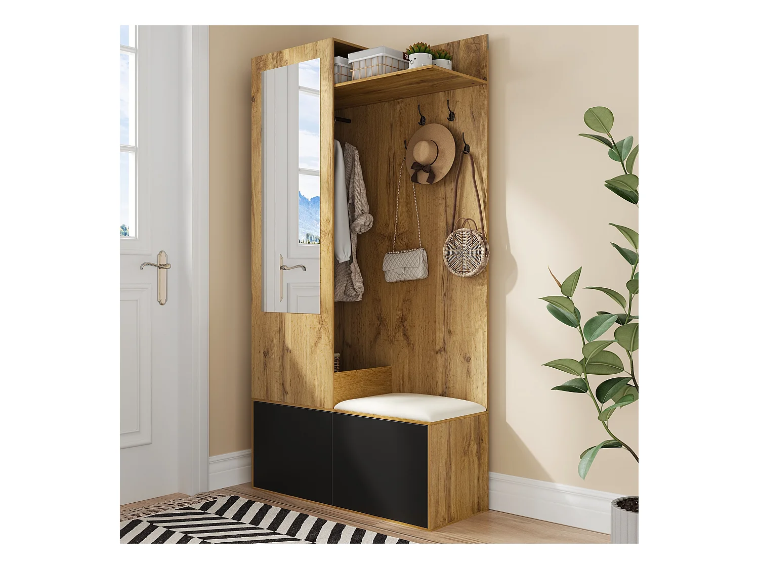 Vestiaire avec miroir - Porte manteau avec 5 patères et 2 portes - rangement ouvert - bois - pour chambre et salon