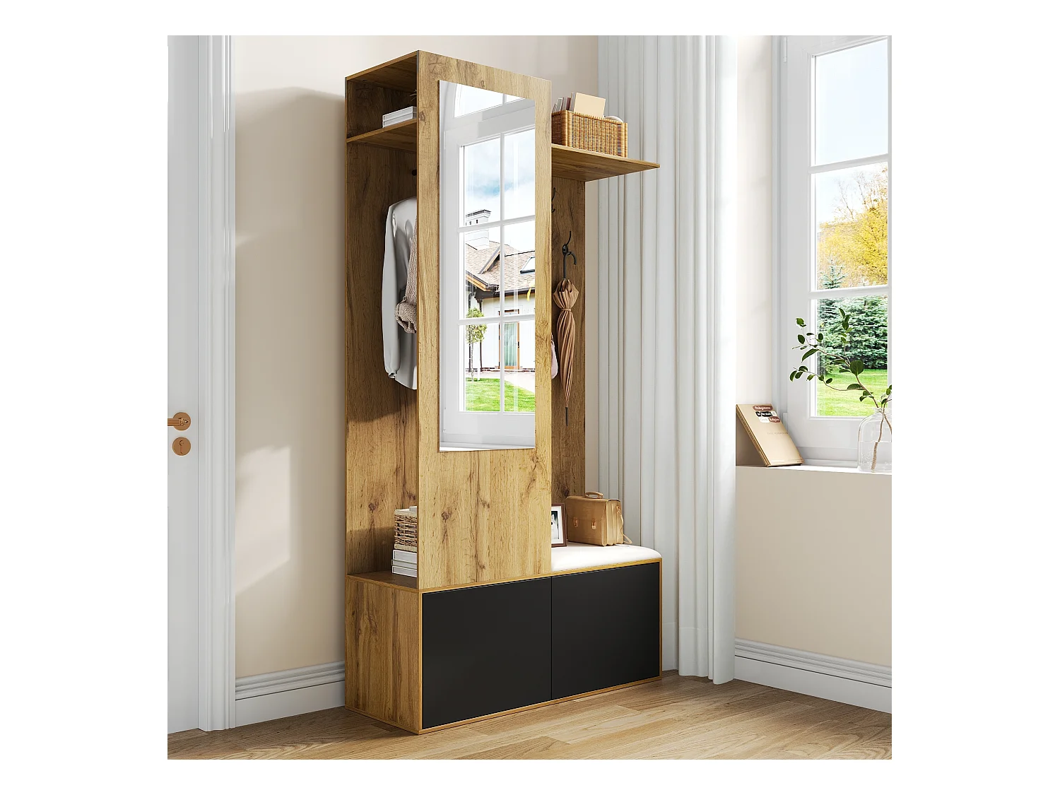 Vestiaire avec miroir - Porte manteau avec 5 patères et 2 portes - rangement ouvert - bois - pour chambre et salon