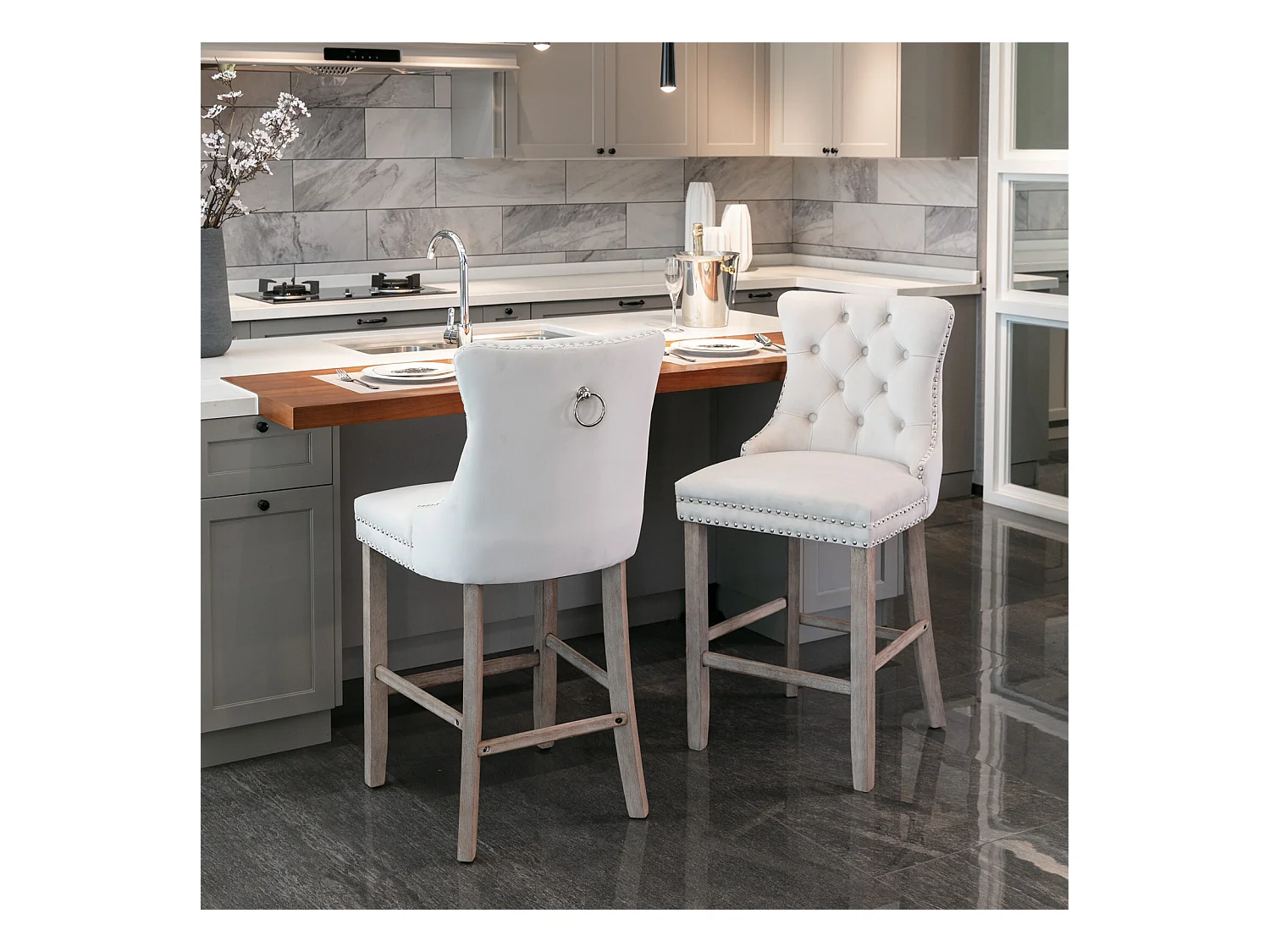 Lot de 2 tabourets de bar - Tabourets de bar avec dossier rembourré et capitonnage à boutons - velours beige