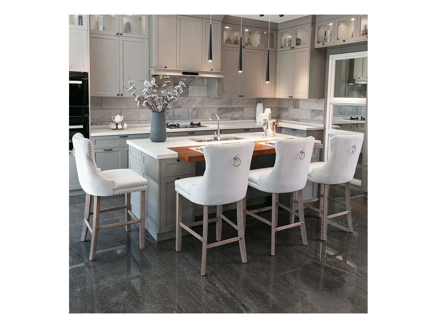 Lot de 2 tabourets de bar - Tabourets de bar avec dossier rembourré et capitonnage à boutons - velours beige