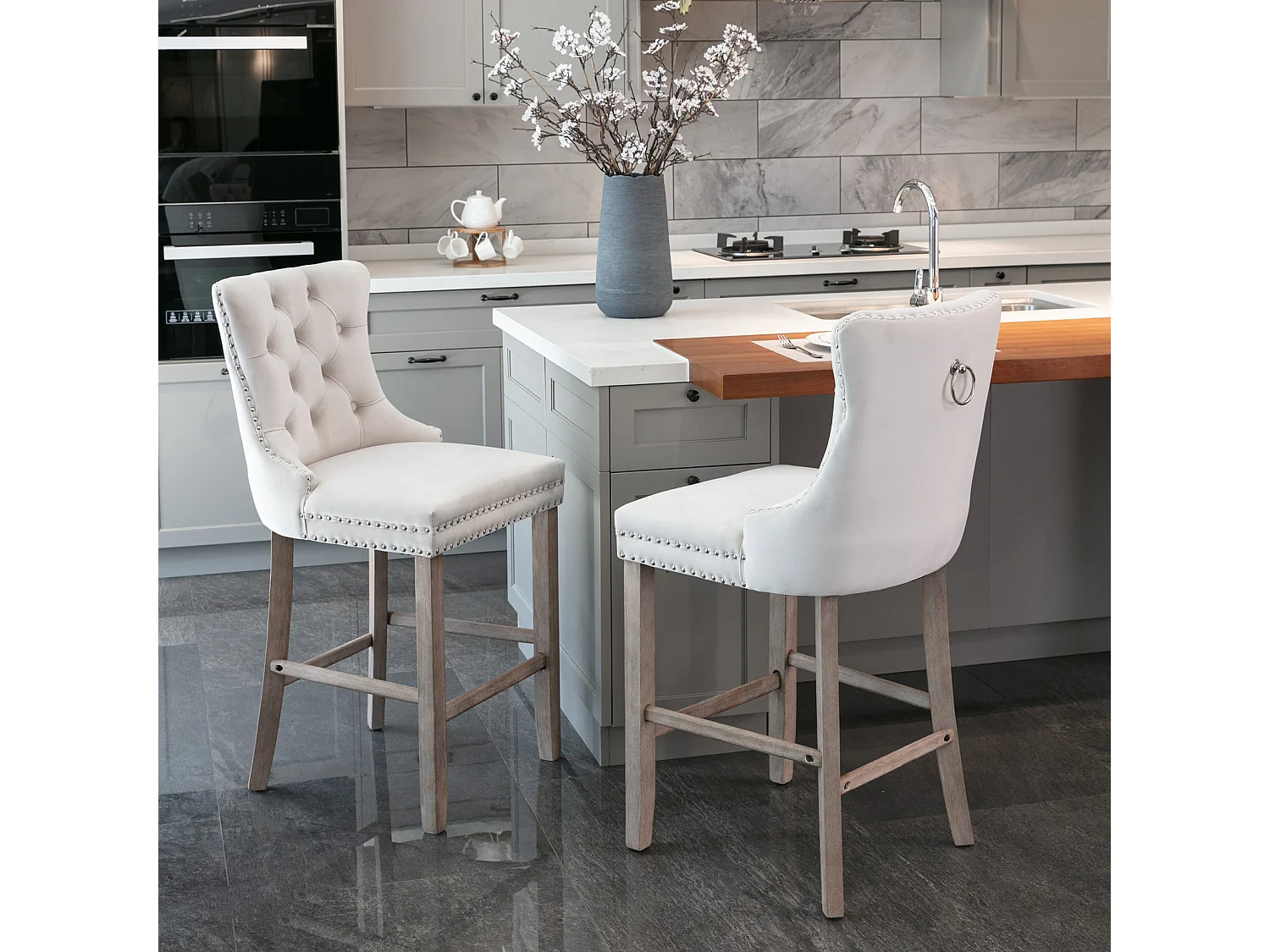 Lot de 2 tabourets de bar - Tabourets de bar avec dossier rembourré et capitonnage à boutons - velours beige