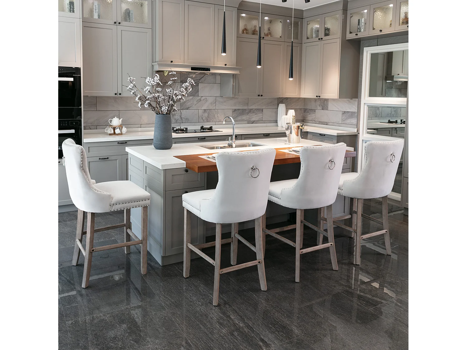 Lot de 2 tabourets de bar - Tabourets de bar avec dossier rembourré et capitonnage à boutons - velours beige