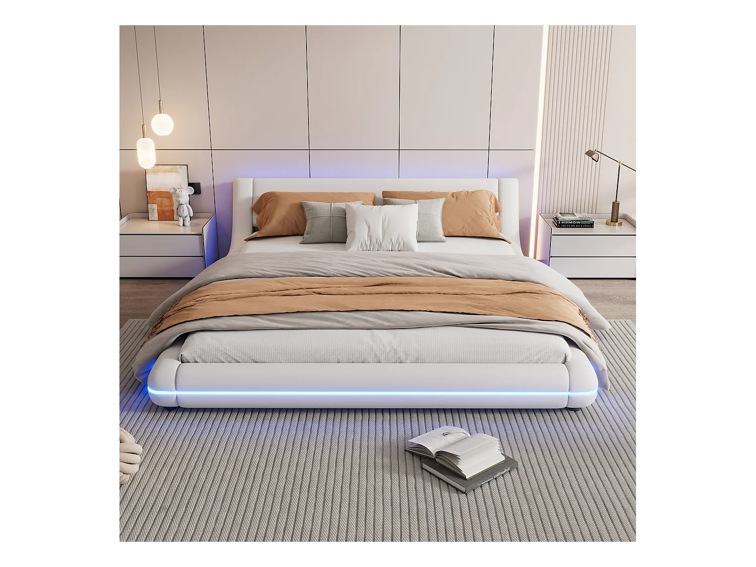 Lit adulte 160 x 200 cm - Lit double avec éclairage LED et télécommande 24 boutons - PU blanc - sans matelas