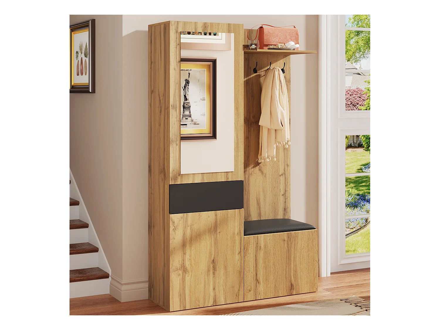Vestiaire avec miroir - Porte manteau avec 5 patères et 3 portes - 1 tiroir et banc - bois - pour chambre et salon