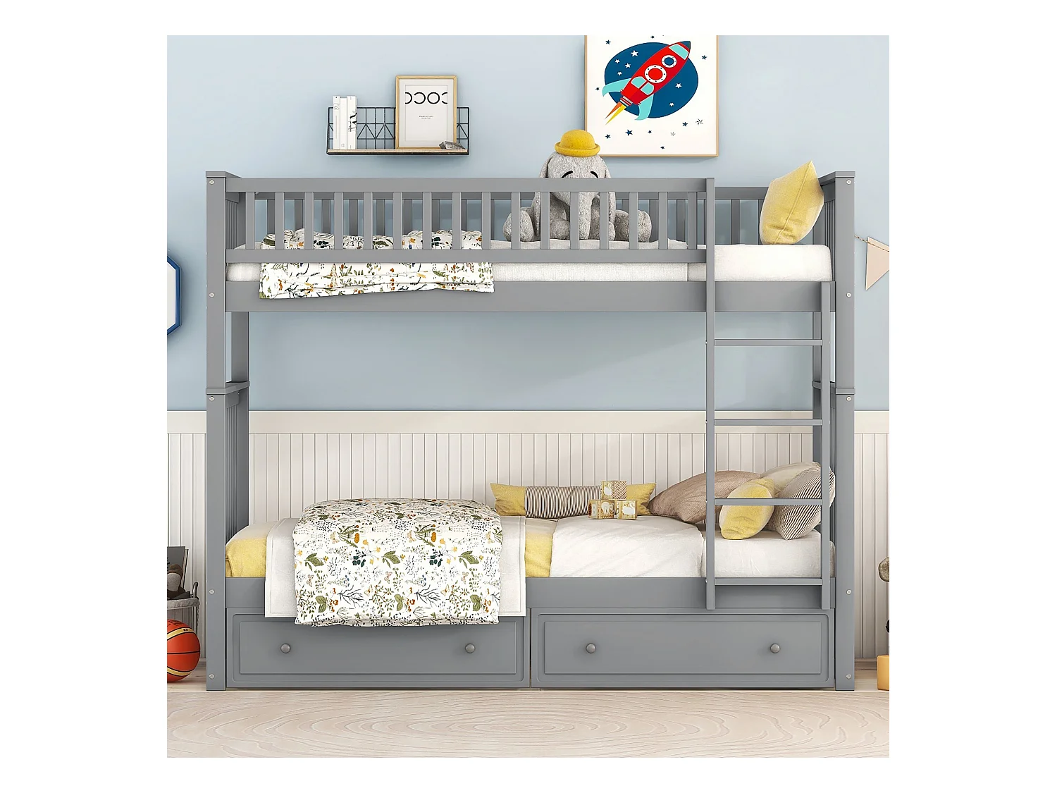Lit superposé 90 x 200 cm - Lit enfant avec 2 tiroirs et échelle - bois gris - sans matelas