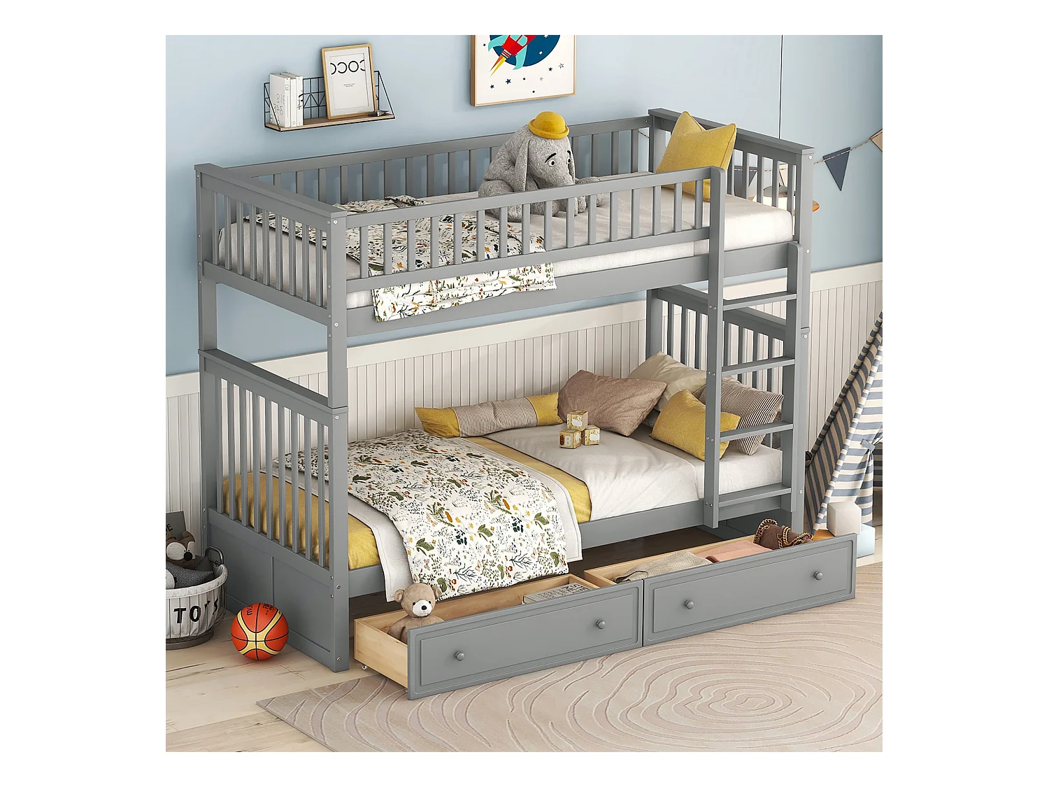Lit superposé 90 x 200 cm - Lit enfant avec 2 tiroirs et échelle - bois gris - sans matelas