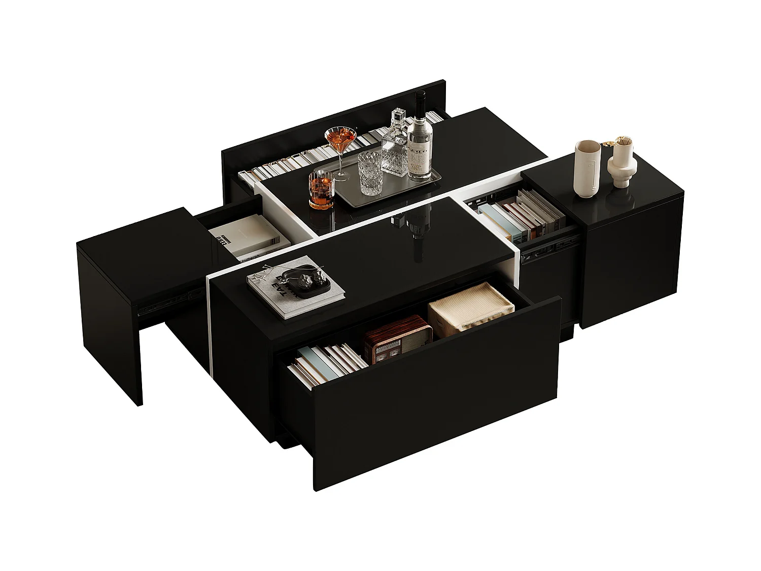 Table basse rectangulaire noir - Table basse avec 4 tiroirs et plateau coulissant - pour salon