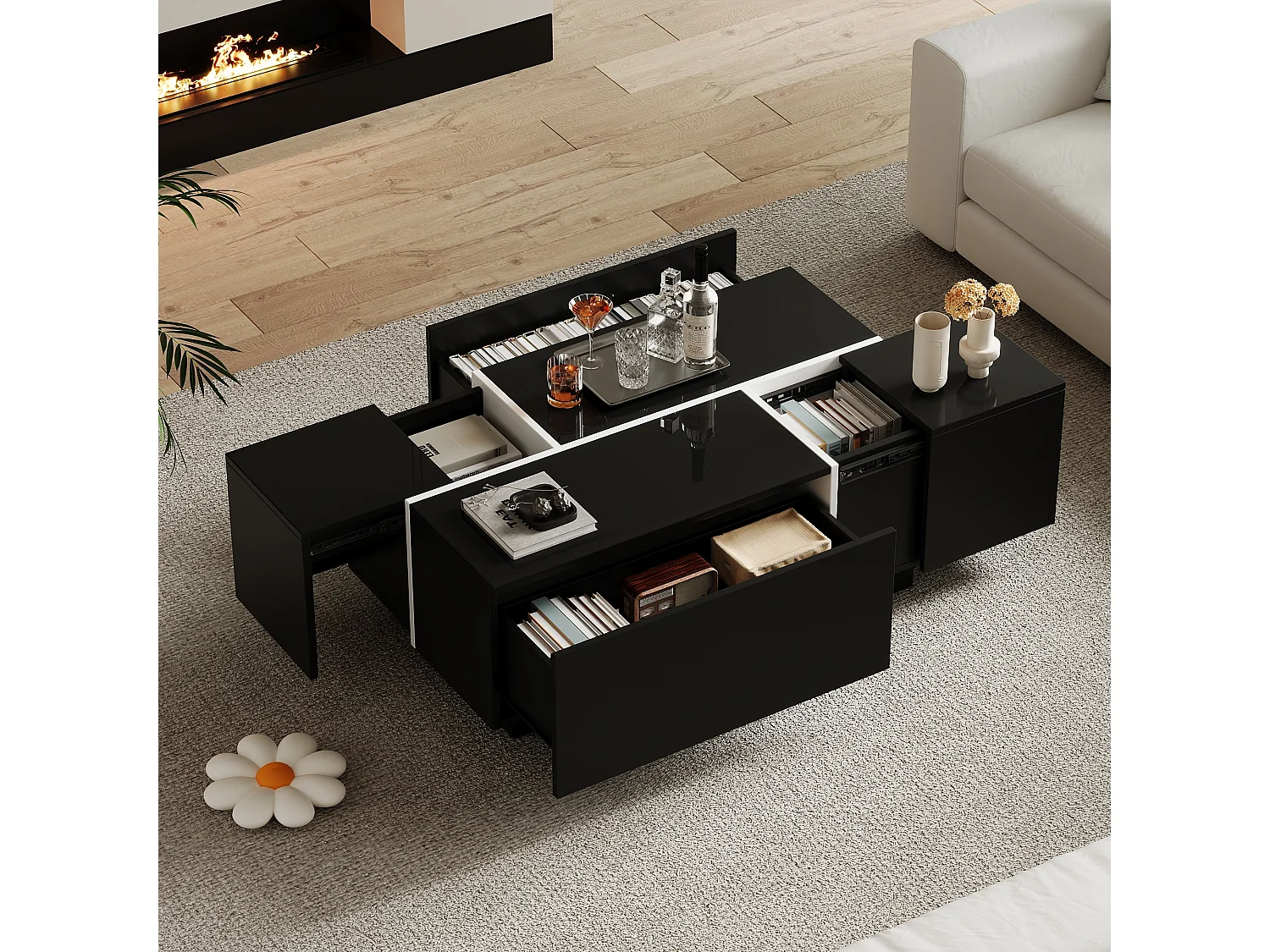 Table basse rectangulaire noir - Table basse avec 4 tiroirs et plateau coulissant - pour salon