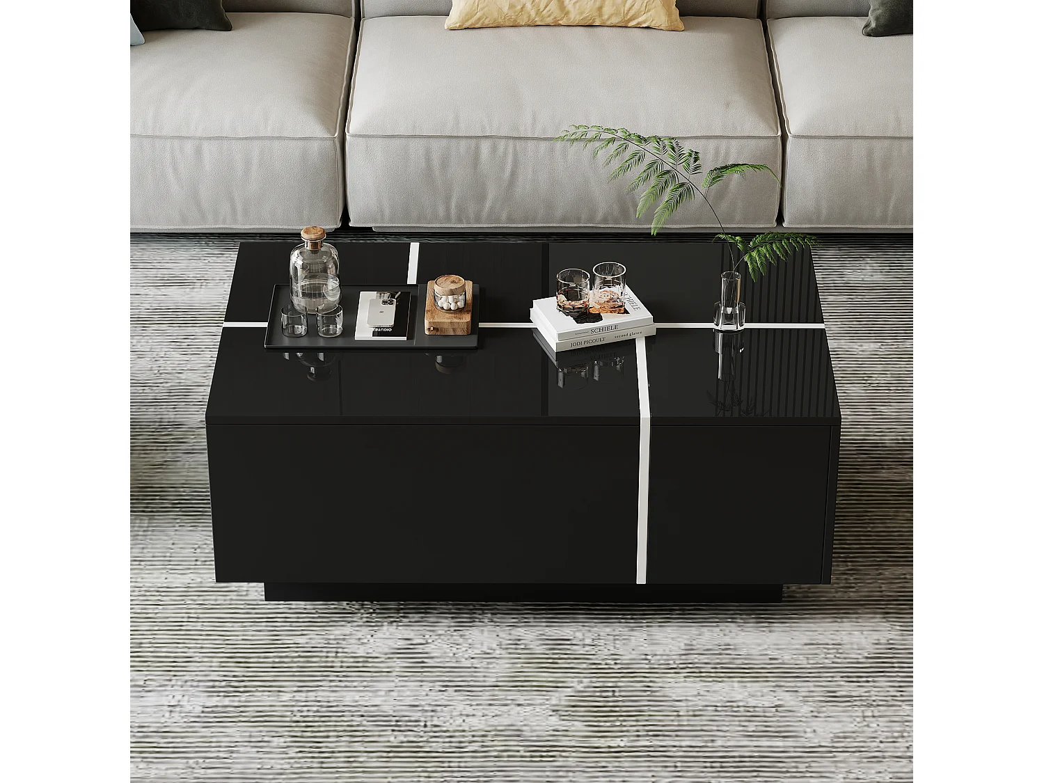 Table basse rectangulaire noir - Table basse avec 4 tiroirs et plateau coulissant - pour salon