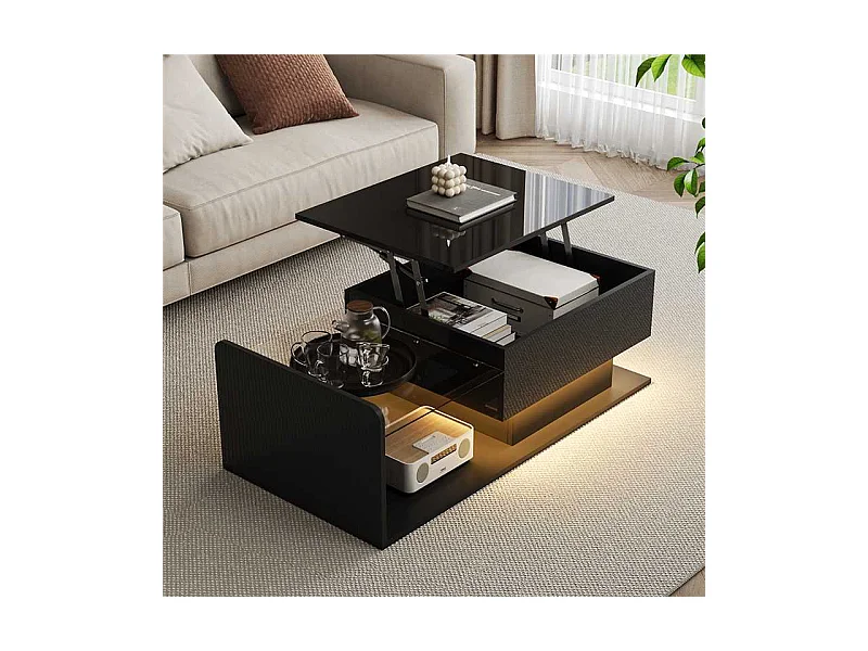 Table basse noir brillant - Table basse avec éclairage LED et plateau en verre - plateau réglable