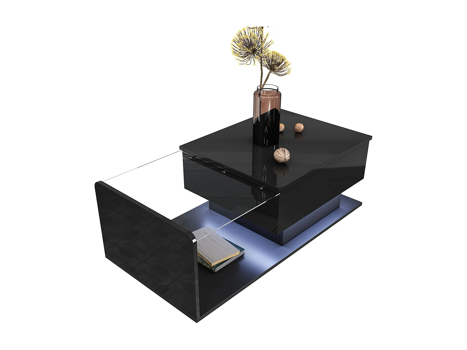 Table basse noir brillant - Table basse avec éclairage LED et plateau en verre - plateau réglable