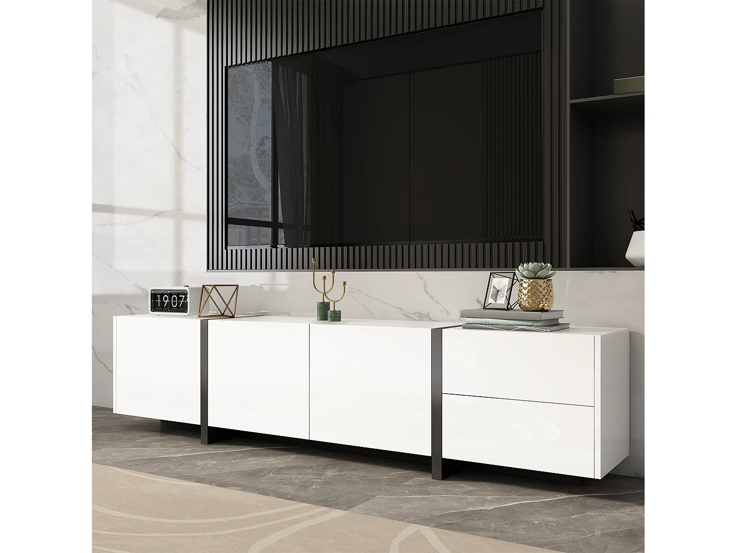 Meuble TV blanc brillant - Meuble TV avec 1 tiroir et 4 portes - avec éclairage LED - pour salon