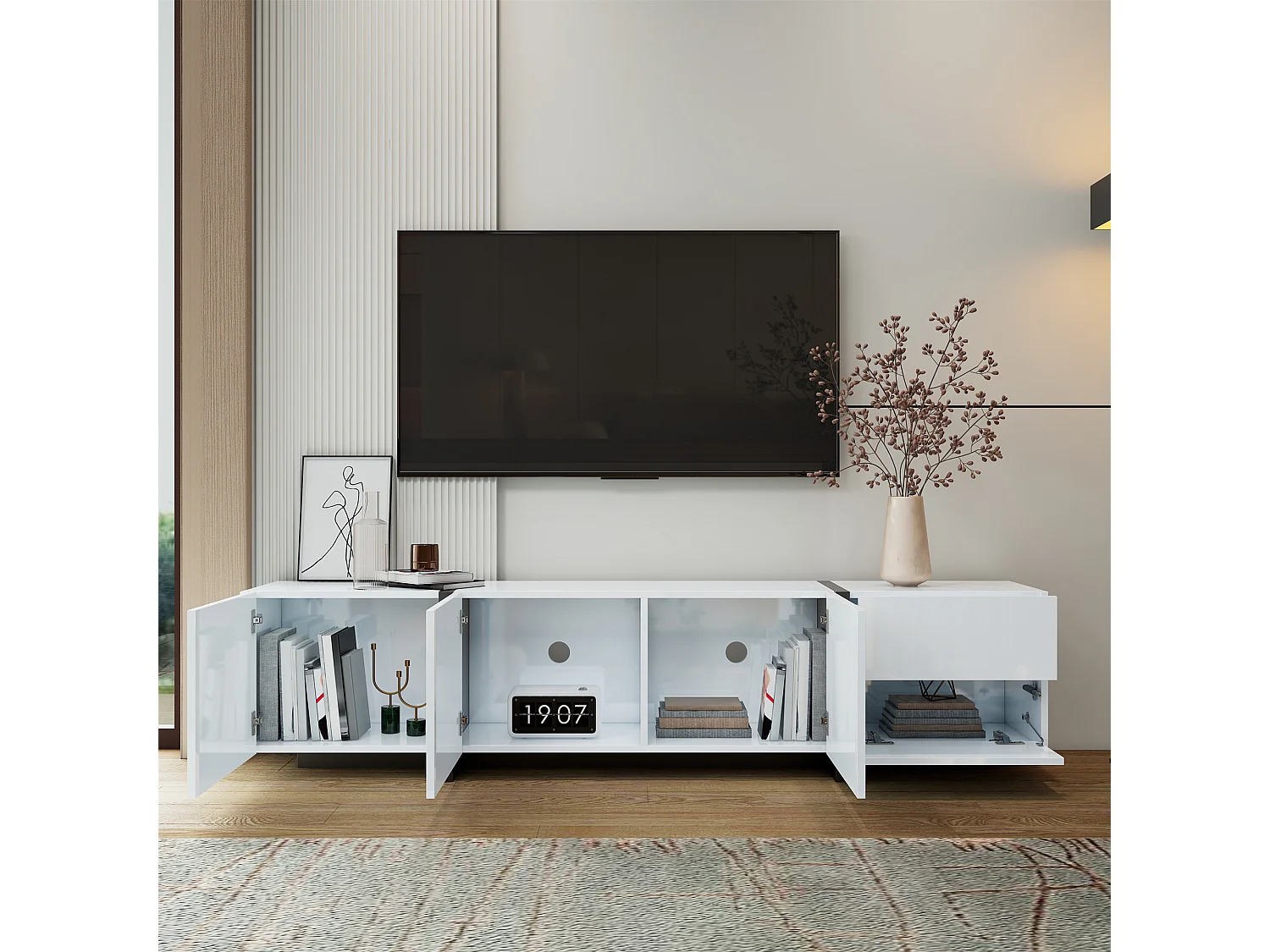 Weiß glänzender TV-Schrank – TV-Ständer mit 1 Schublade und 4 Türen – mit LED-Beleuchtung – für das Wohnzimmer