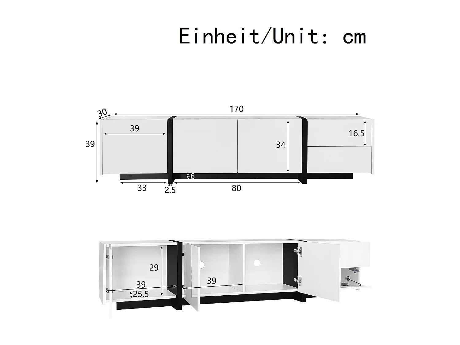Weiß glänzender TV-Schrank – TV-Ständer mit 1 Schublade und 4 Türen – mit LED-Beleuchtung – für das Wohnzimmer