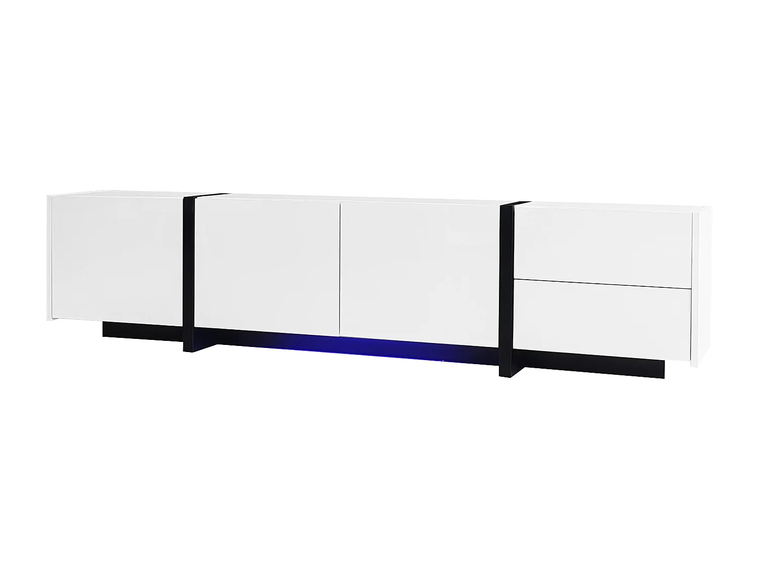 Weiß glänzender TV-Schrank – TV-Ständer mit 1 Schublade und 4 Türen – mit LED-Beleuchtung – für das Wohnzimmer