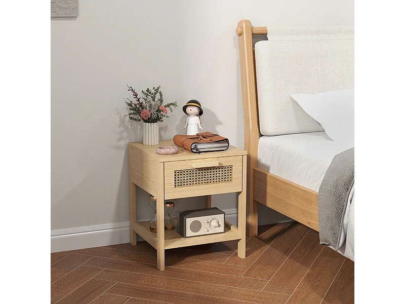 Mesita de noche con 1 cajón - Mesita de noche con estantes abiertos y diseño de ratán - madera - para dormitorio