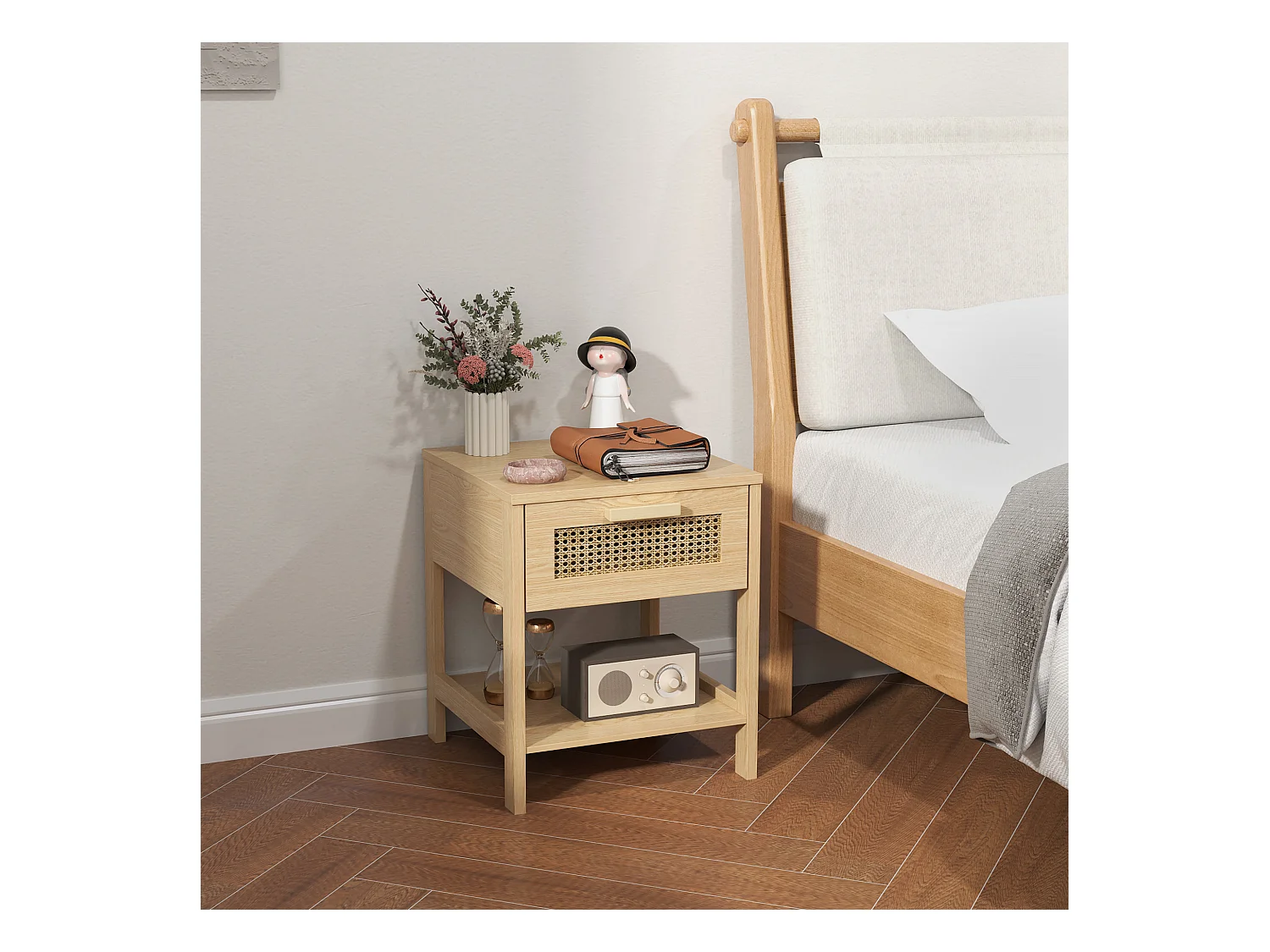 Table de chevet avec 1 tiroir - Table de chevet avec étagères ouvertes et design en rotin - bois - pour chambre