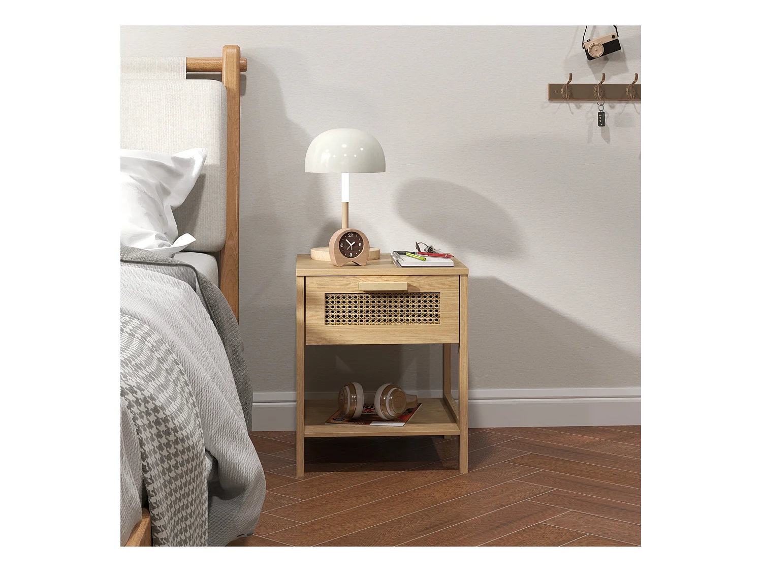 Table de chevet avec 1 tiroir - Table de chevet avec étagères ouvertes et design en rotin - bois - pour chambre