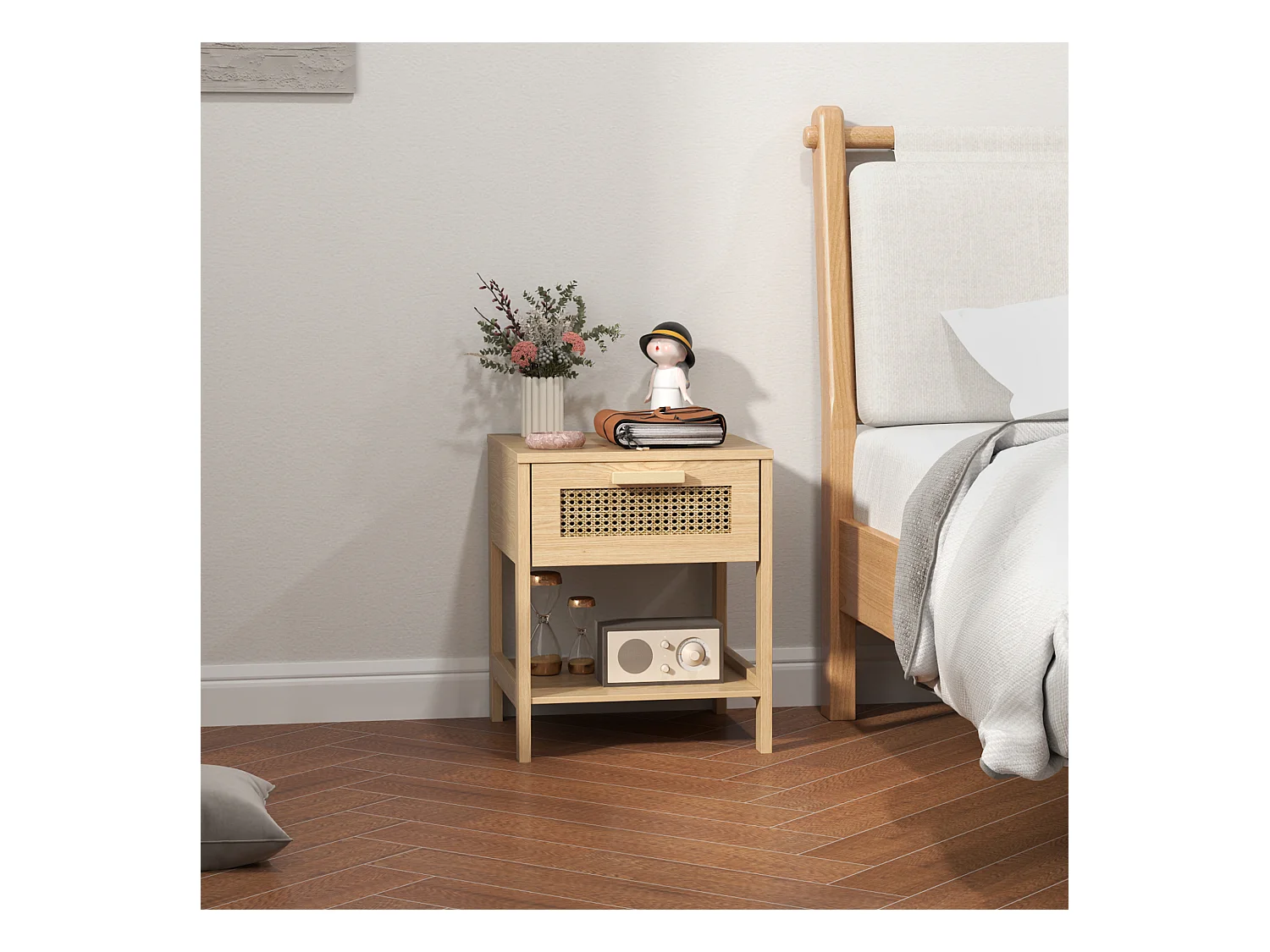 Table de chevet avec 1 tiroir - Table de chevet avec étagères ouvertes et design en rotin - bois - pour chambre