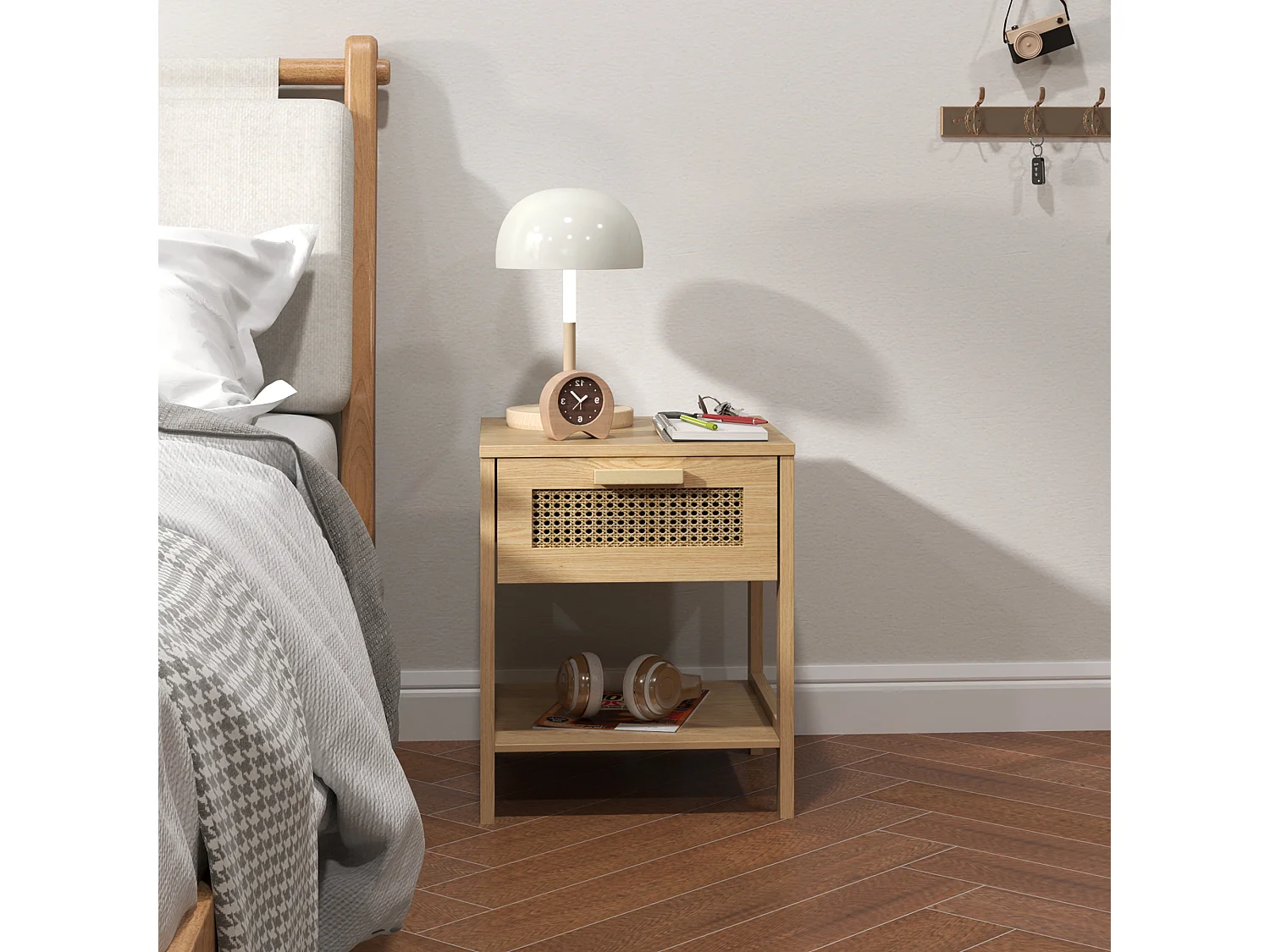 Table de chevet avec 1 tiroir - Table de chevet avec étagères ouvertes et design en rotin - bois - pour chambre