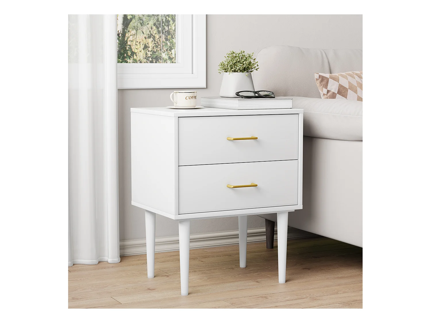 Table de chevet à 2 tiroirs - Table de chevet avec pieds en bois et poignées dorées - blanc - pour chambre