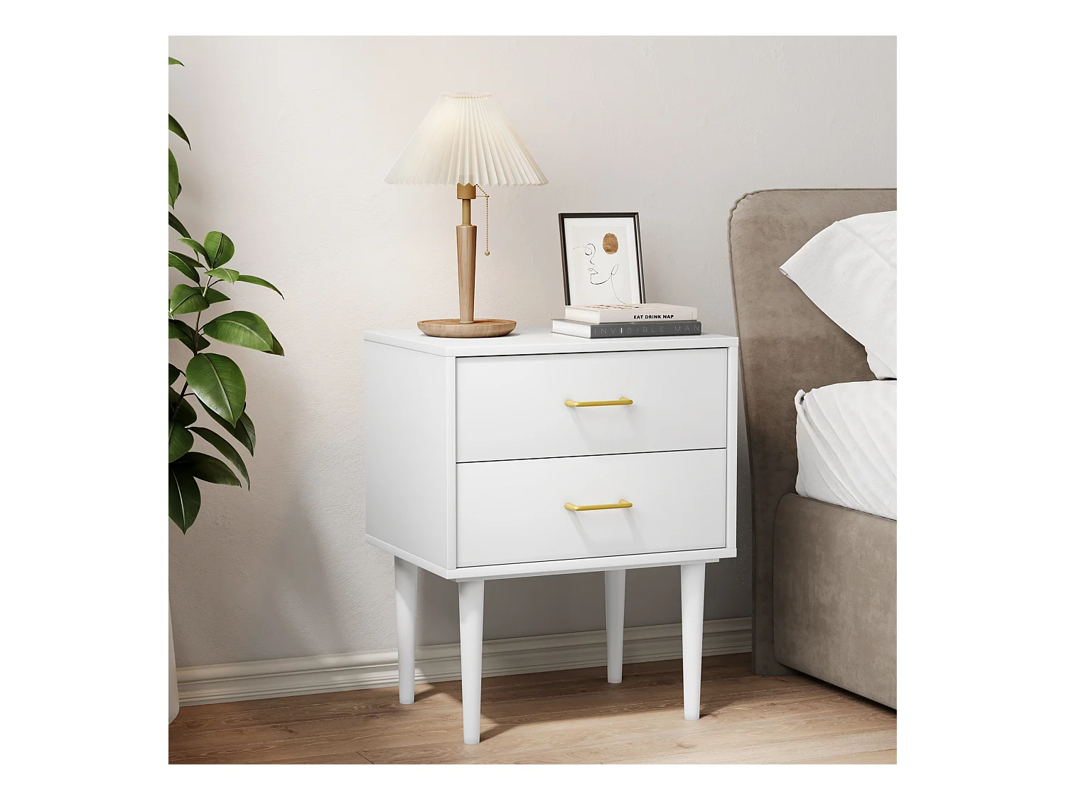 Table de chevet à 2 tiroirs - Table de chevet avec pieds en bois et poignées dorées - blanc - pour chambre