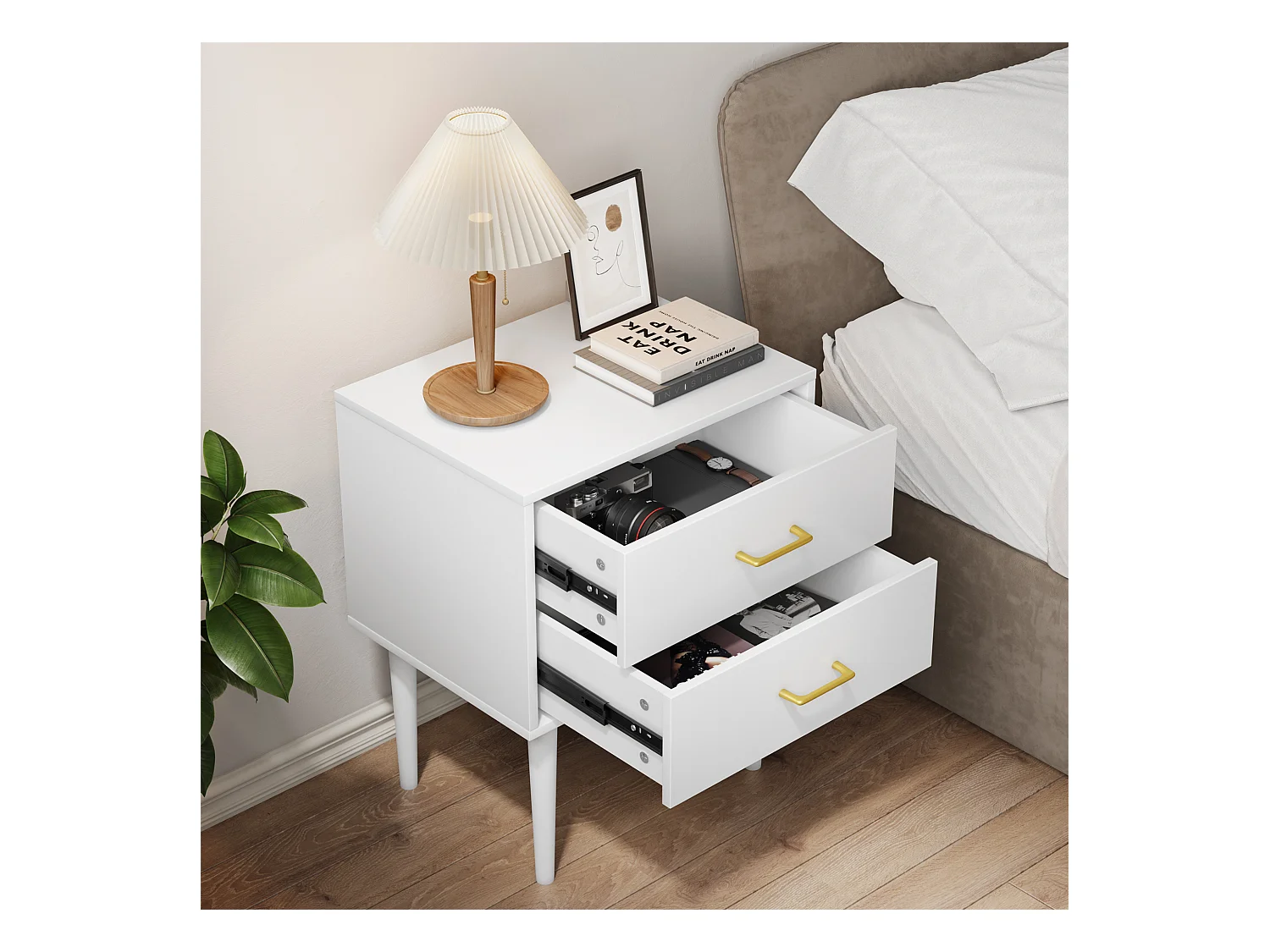 Table de chevet à 2 tiroirs - Table de chevet avec pieds en bois et poignées dorées - blanc - pour chambre