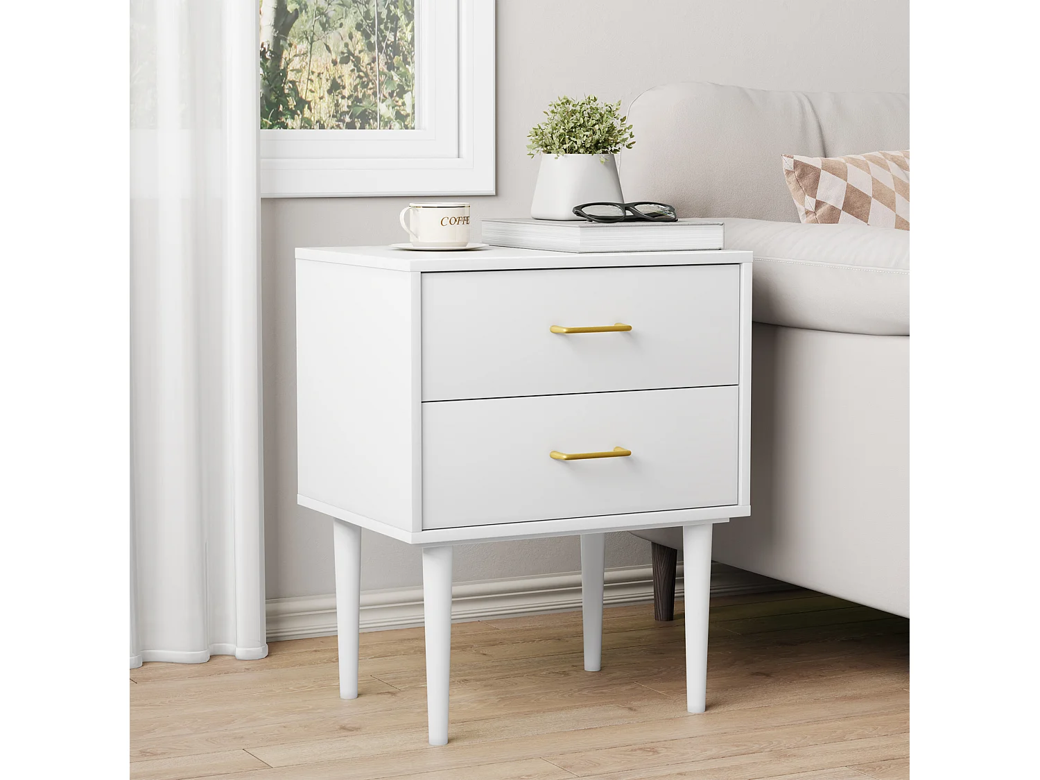 Table de chevet à 2 tiroirs - Table de chevet avec pieds en bois et poignées dorées - blanc - pour chambre