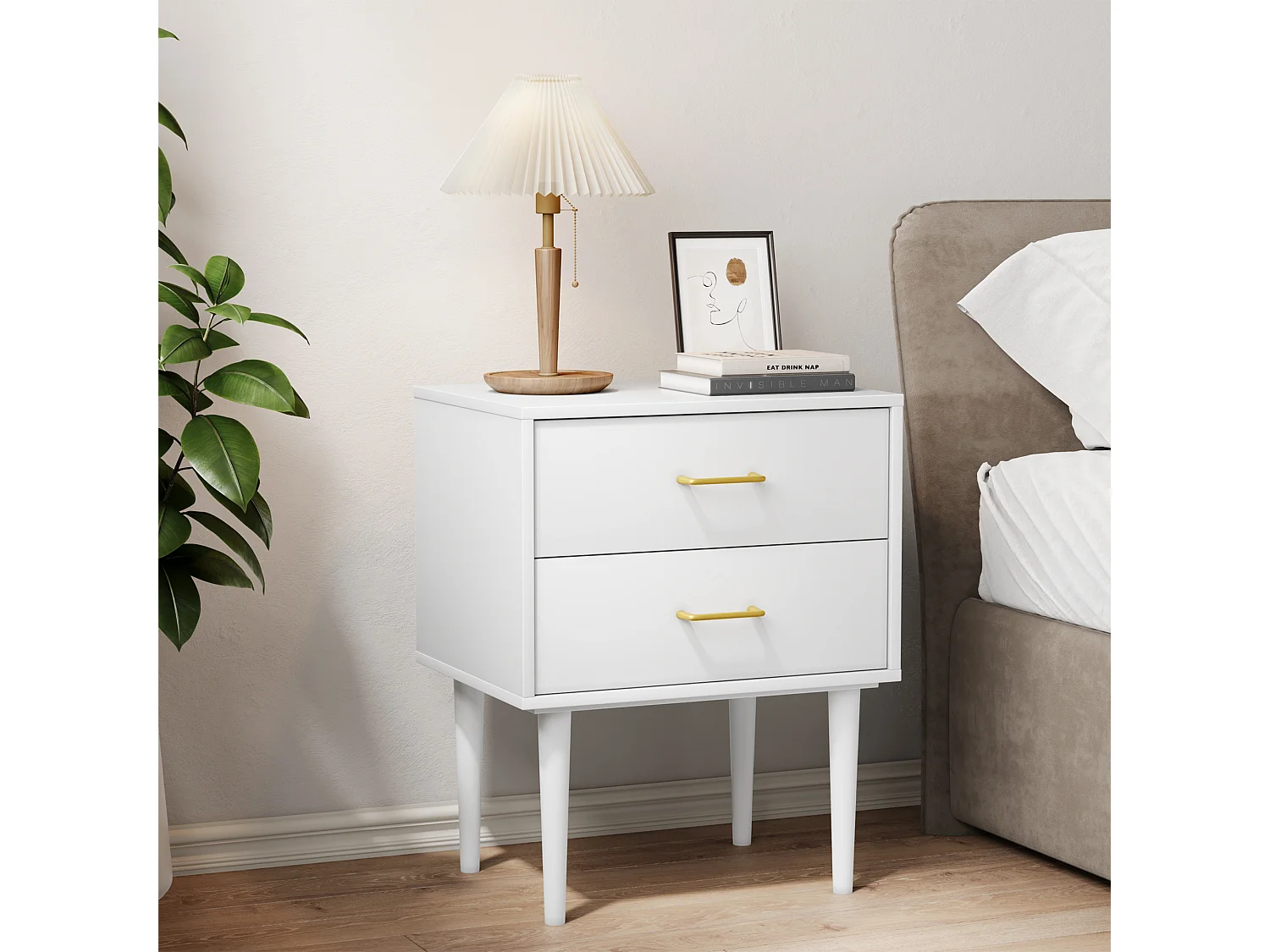 Table de chevet à 2 tiroirs - Table de chevet avec pieds en bois et poignées dorées - blanc - pour chambre