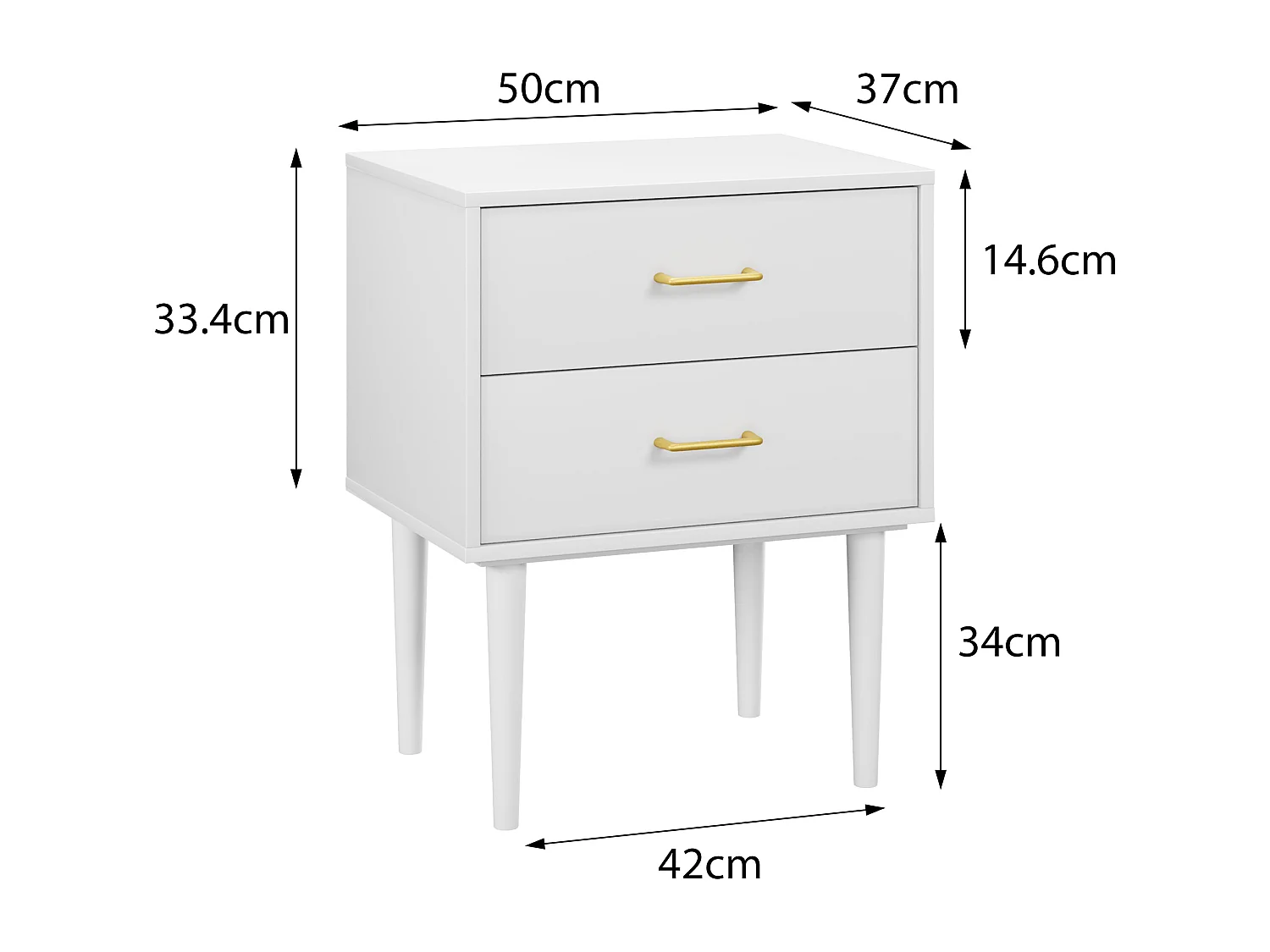 Table de chevet à 2 tiroirs - Table de chevet avec pieds en bois et poignées dorées - blanc - pour chambre