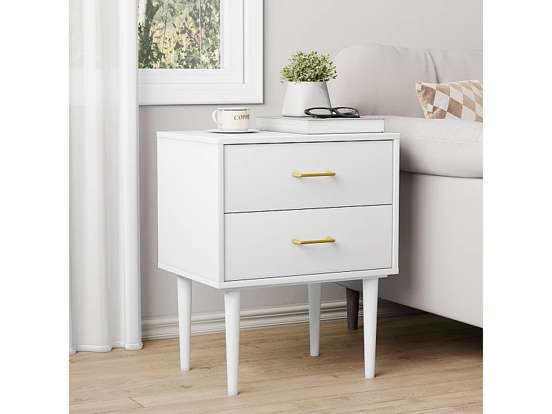Mesita de noche de 2 cajones - Mesita de noche con patas de madera y tiradores dorados - Blanca - para dormitorio