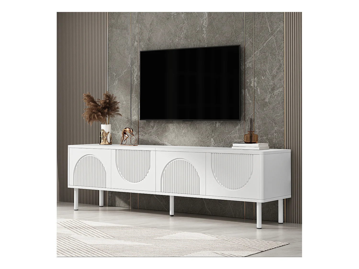 Meuble TV 4 portes - Meuble TV 5 pieds avec passe-câbles - blanc - pour salon